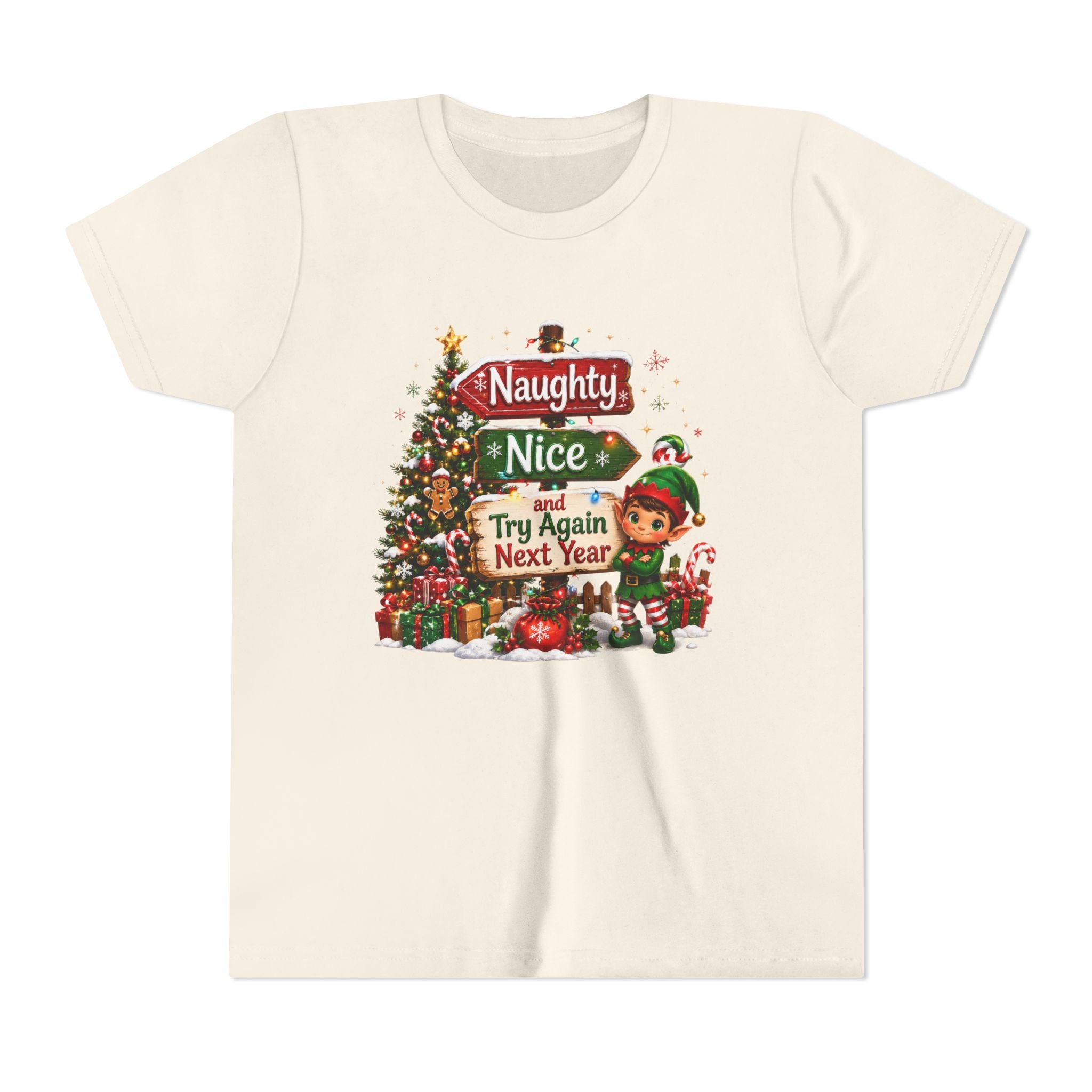 Naughty Nice Try Again Next Year Kids Shirt – Funny Elf Christmas Tee | Holiday Gift for Kids