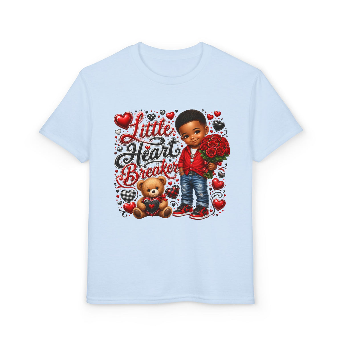 Little Heart Breaker Valentine's Day Youth T-Shirt – Cute Black Boy Roses & Teddy Bear Tee