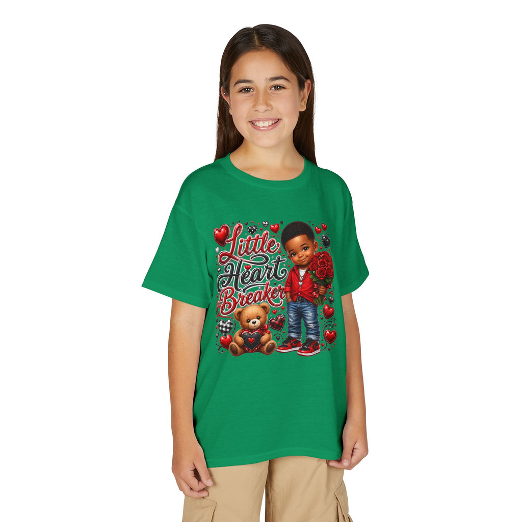 Little Heart Breaker Valentine's Day Youth T-Shirt – Cute Black Boy Roses & Teddy Bear Tee