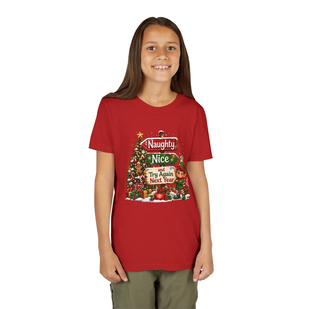 Naughty Nice Try Again Next Year Kids Shirt – Funny Elf Christmas Tee | Holiday Gift for Kids