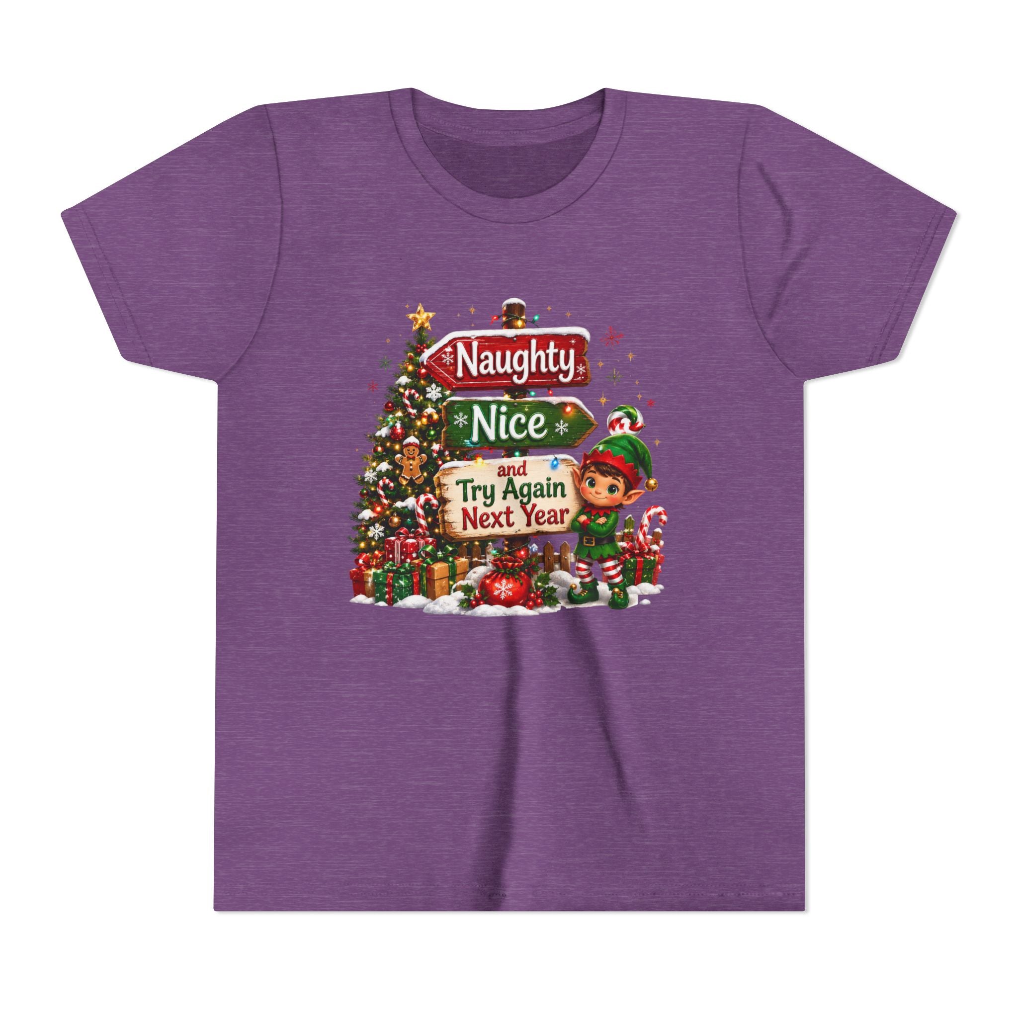 Naughty Nice Try Again Next Year Kids Shirt – Funny Elf Christmas Tee | Holiday Gift for Kids
