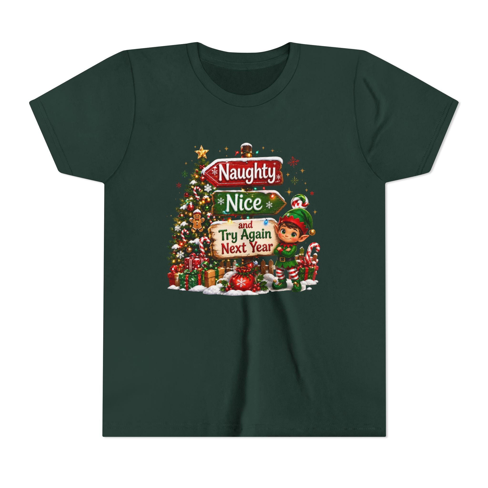 Naughty Nice Try Again Next Year Kids Shirt – Funny Elf Christmas Tee | Holiday Gift for Kids