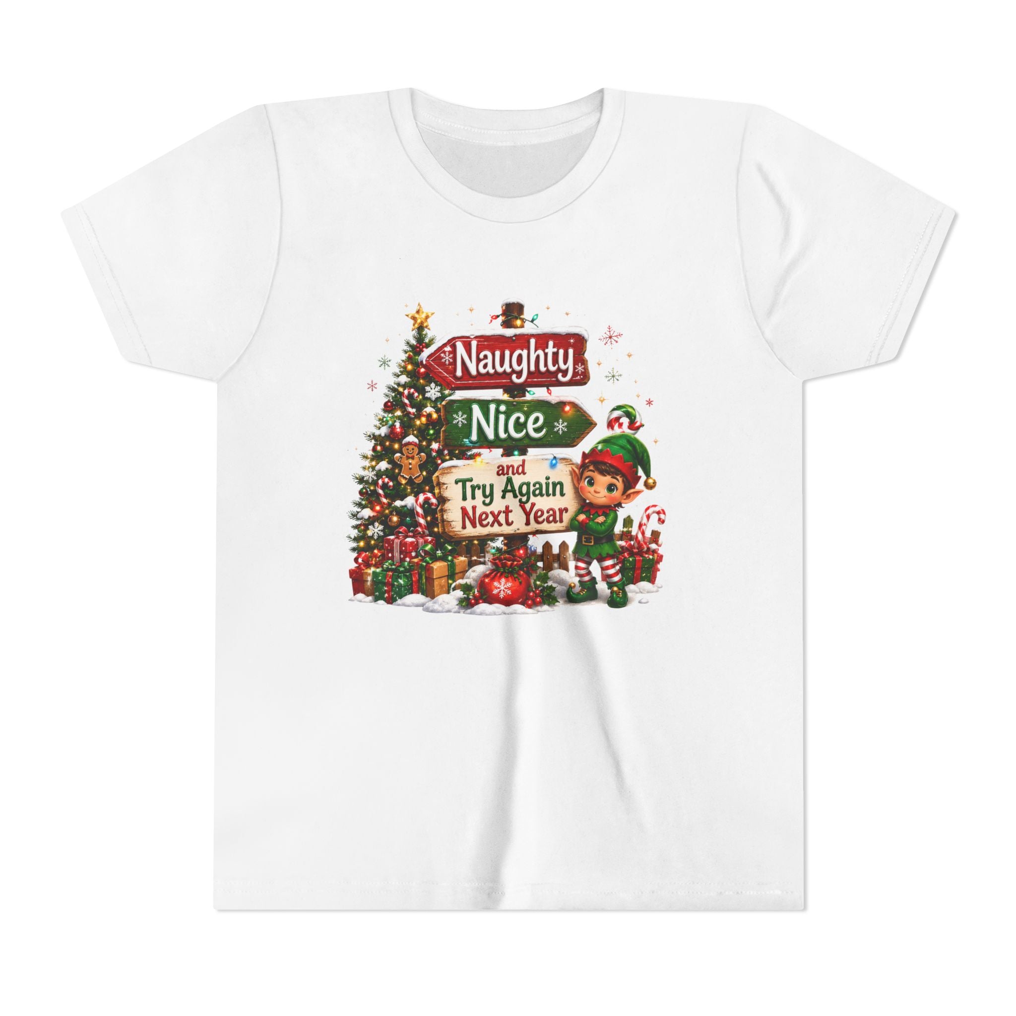 Naughty Nice Try Again Next Year Kids Shirt – Funny Elf Christmas Tee | Holiday Gift for Kids