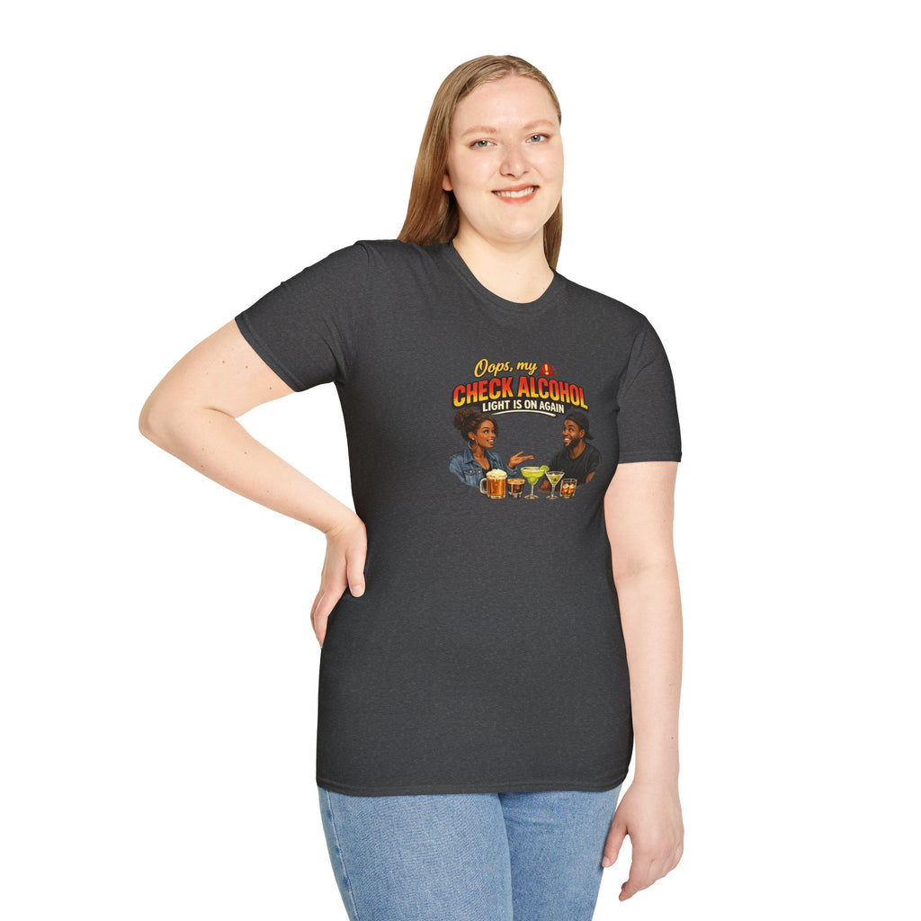 Oops My Check Alcohol Light Is On Again T-Shirt | Funny Drinking Shirt | Day Party Graphic Tee