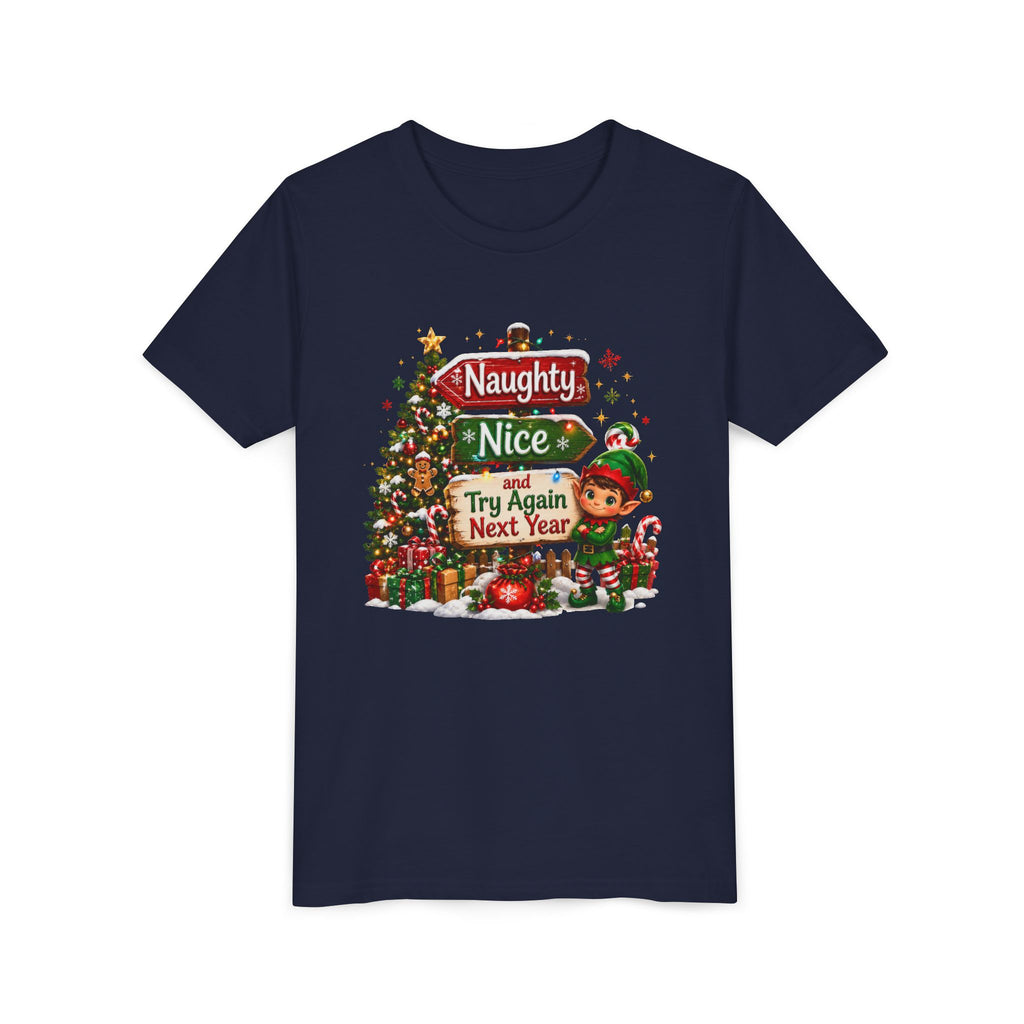 Naughty Nice Try Again Next Year Kids Shirt – Funny Elf Christmas Tee | Holiday Gift for Kids