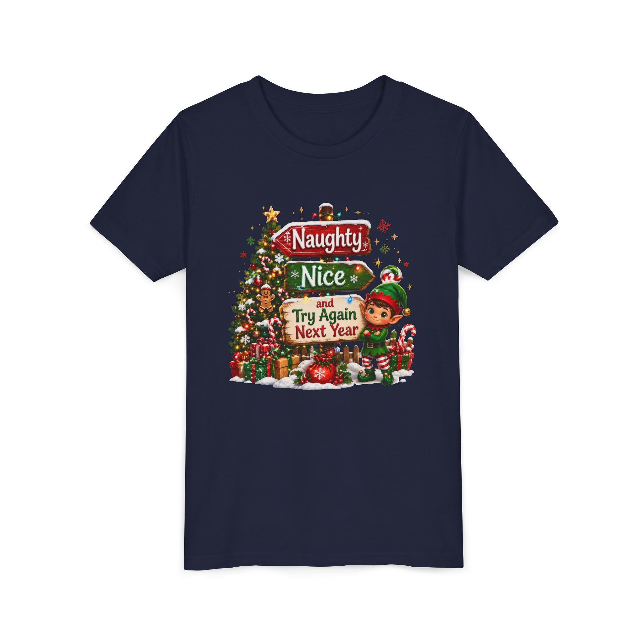 Naughty Nice Try Again Next Year Kids Shirt – Funny Elf Christmas Tee | Holiday Gift for Kids