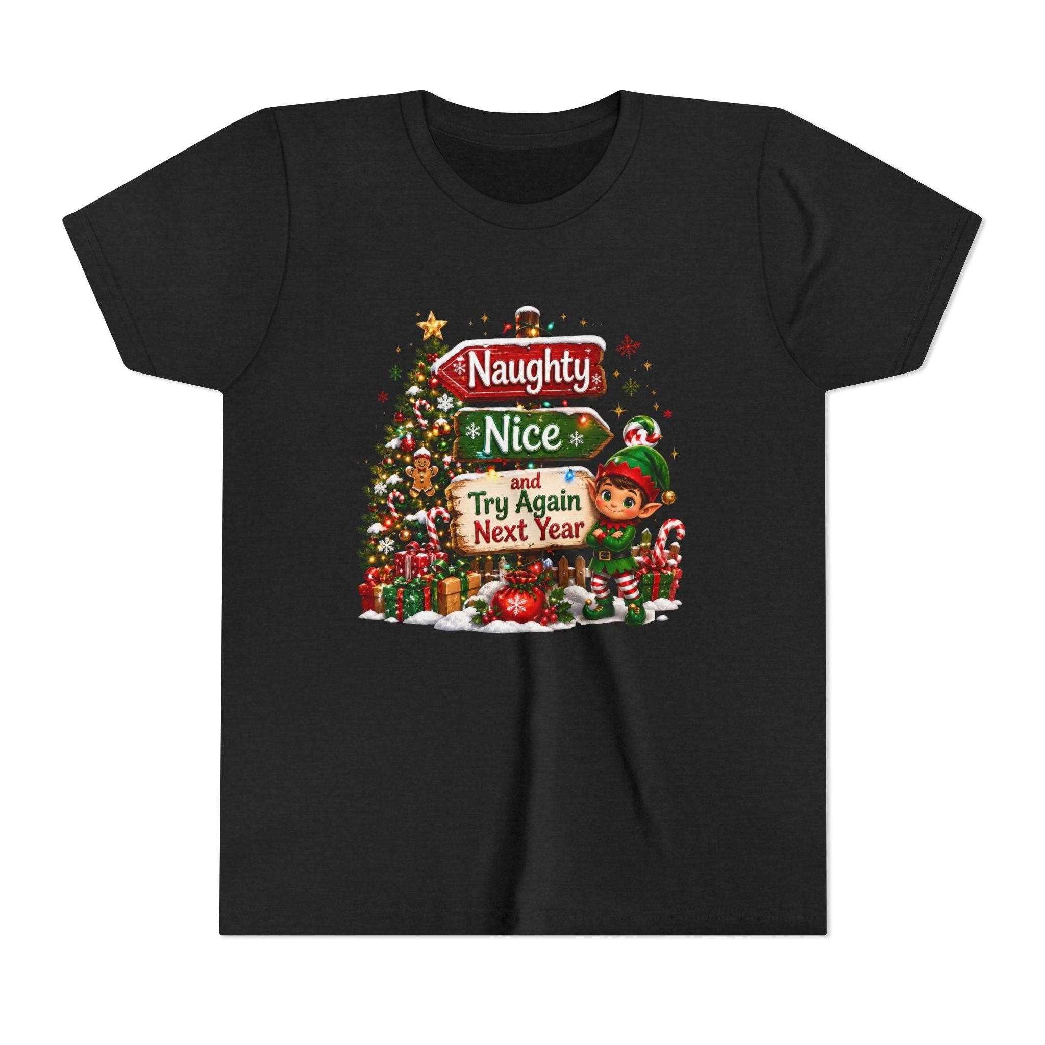 Naughty Nice Try Again Next Year Kids Shirt – Funny Elf Christmas Tee | Holiday Gift for Kids