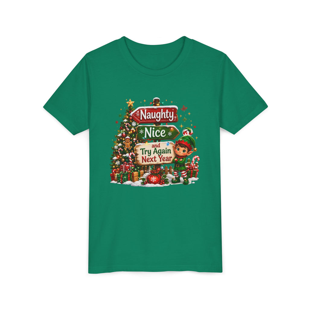 Naughty Nice Try Again Next Year Kids Shirt – Funny Elf Christmas Tee | Holiday Gift for Kids