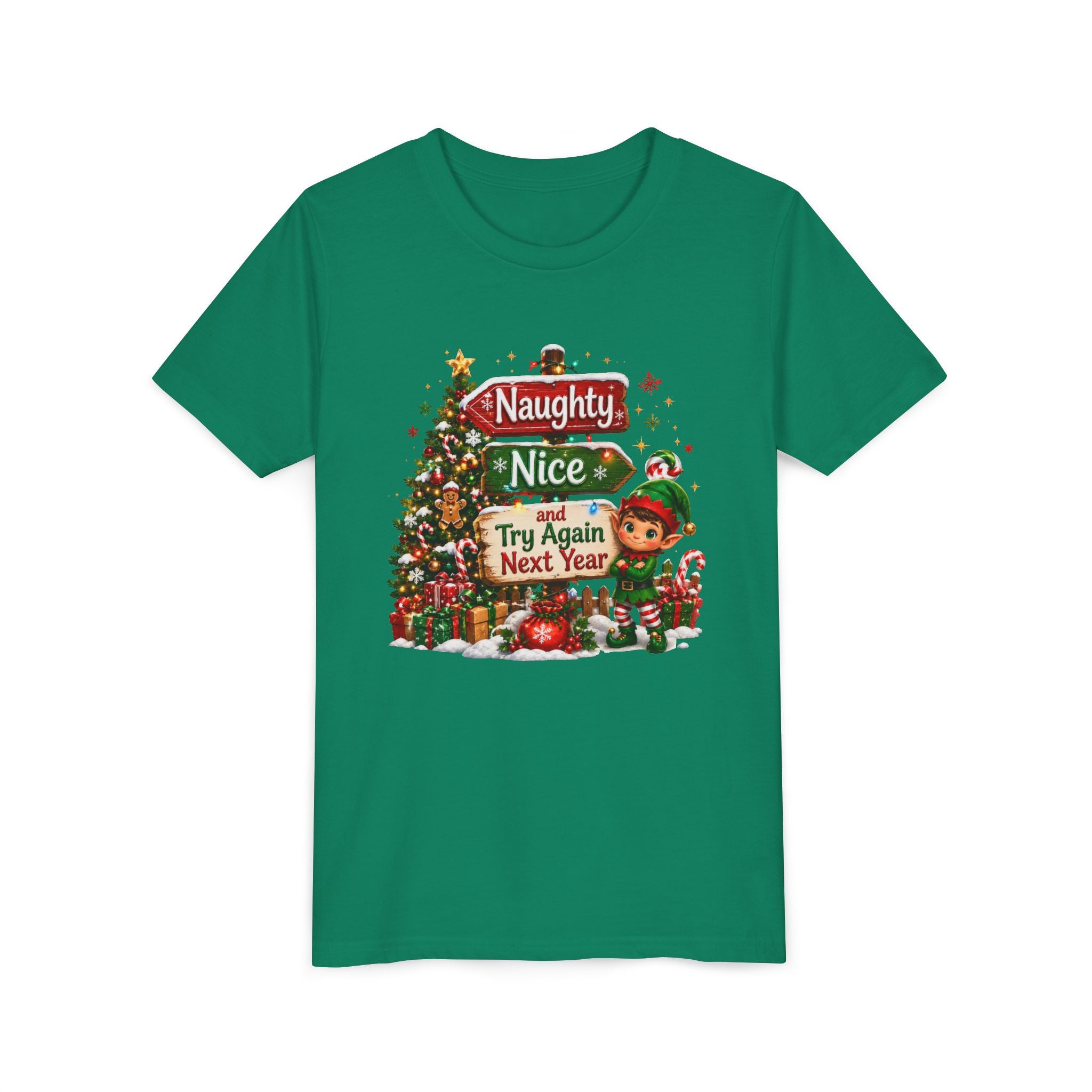 Naughty Nice Try Again Next Year Kids Shirt – Funny Elf Christmas Tee | Holiday Gift for Kids