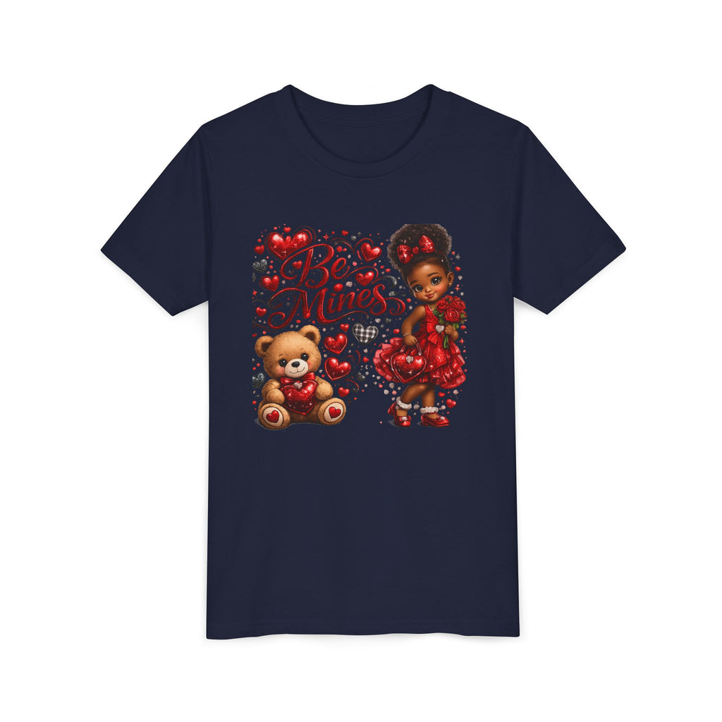 Be Mine Valentine's Day Youth T-Shirt – Cute Black Girl Teddy Bear Tee