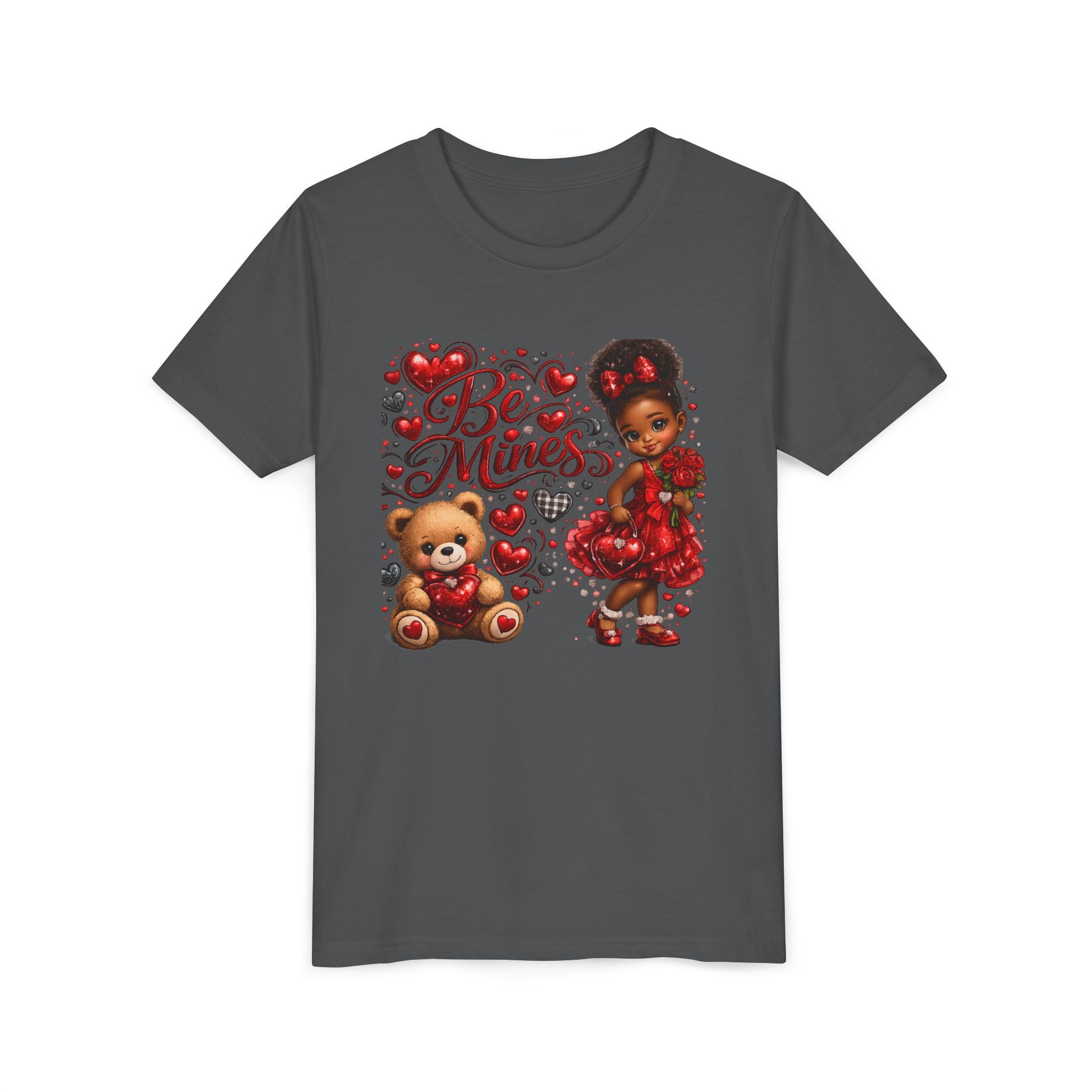 Be Mine Valentine's Day Youth T-Shirt – Cute Black Girl Teddy Bear Tee