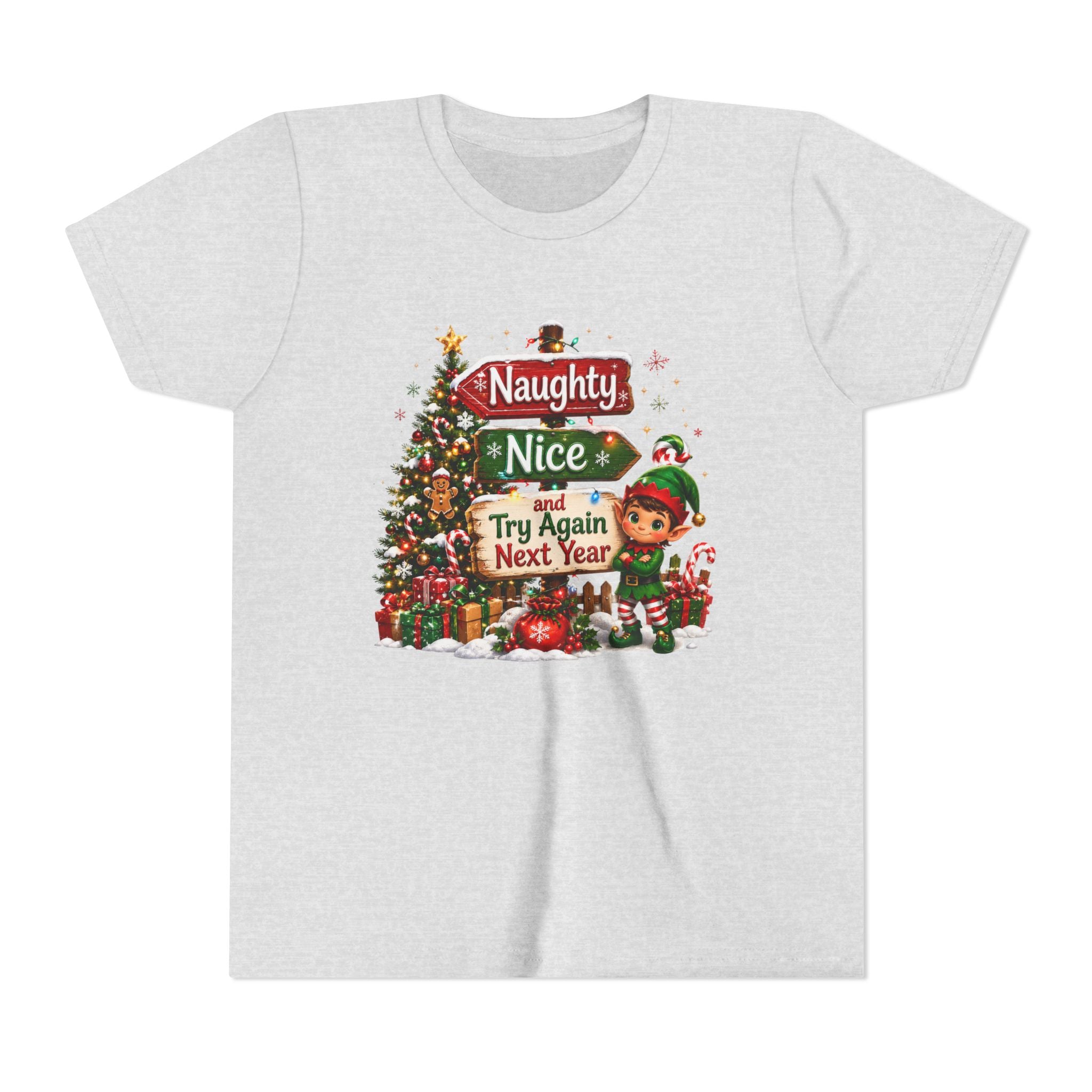 Naughty Nice Try Again Next Year Kids Shirt – Funny Elf Christmas Tee | Holiday Gift for Kids