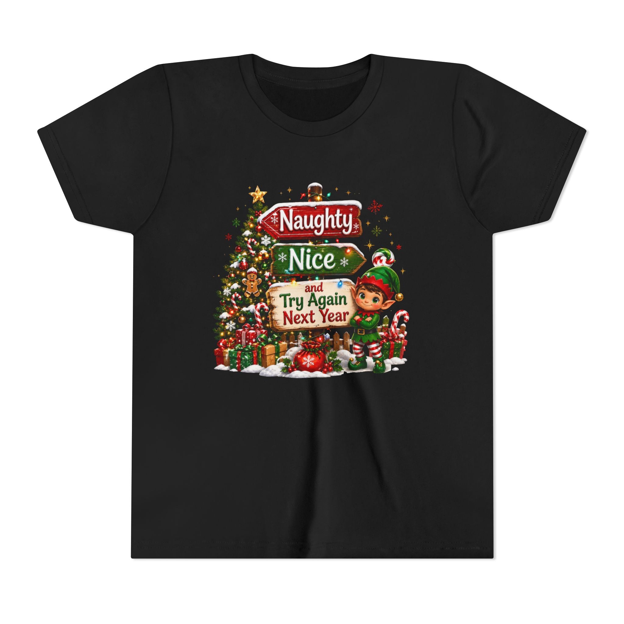 Naughty Nice Try Again Next Year Kids Shirt – Funny Elf Christmas Tee | Holiday Gift for Kids