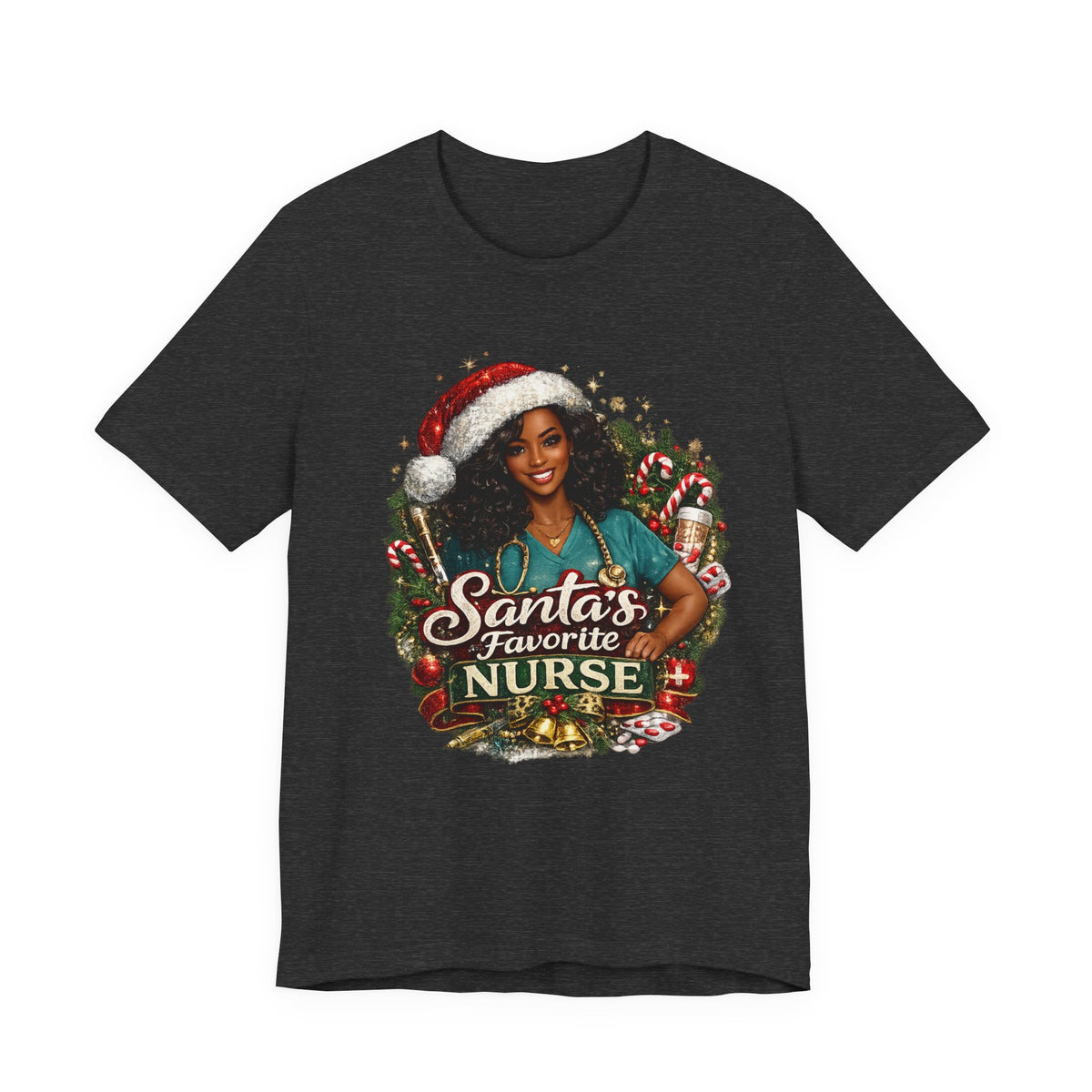 Santa's Favorite Nurse – Black Nurse Christmas T-Shirt