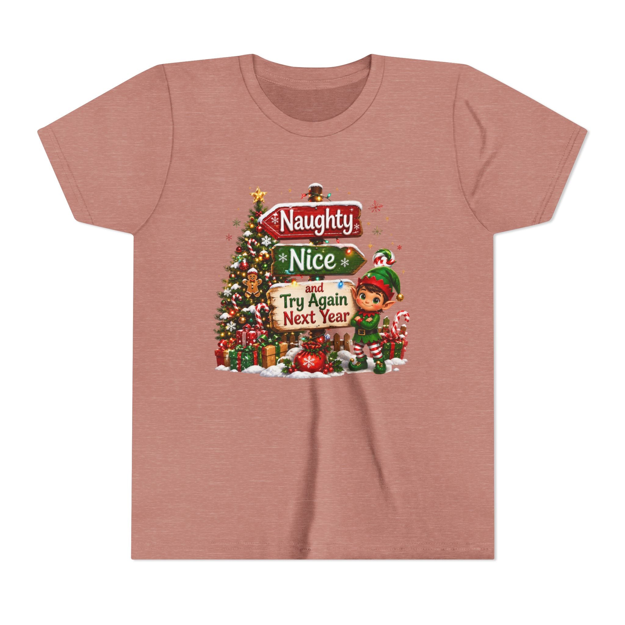 Naughty Nice Try Again Next Year Kids Shirt – Funny Elf Christmas Tee | Holiday Gift for Kids