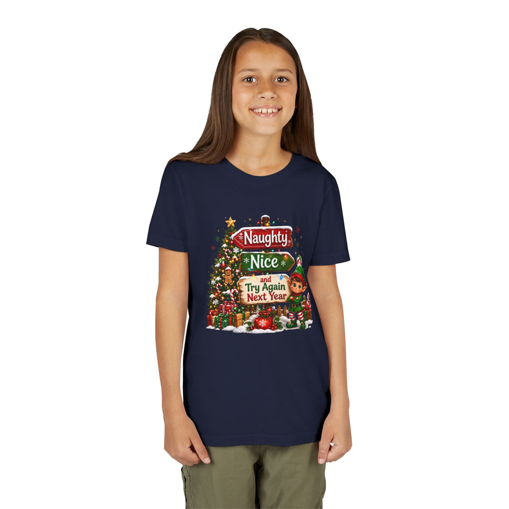 Naughty Nice Try Again Next Year Kids Shirt – Funny Elf Christmas Tee | Holiday Gift for Kids