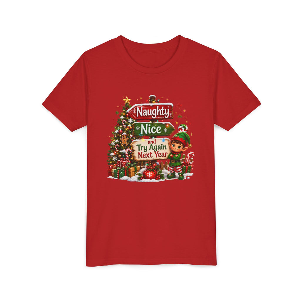 Naughty Nice Try Again Next Year Kids Shirt – Funny Elf Christmas Tee | Holiday Gift for Kids