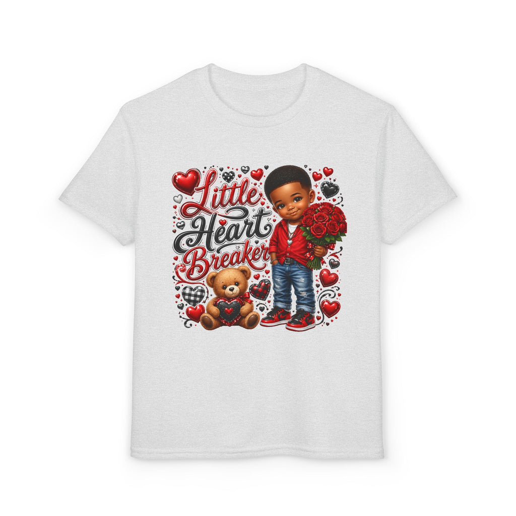 Little Heart Breaker Valentine's Day Youth T-Shirt – Cute Black Boy Roses & Teddy Bear Tee