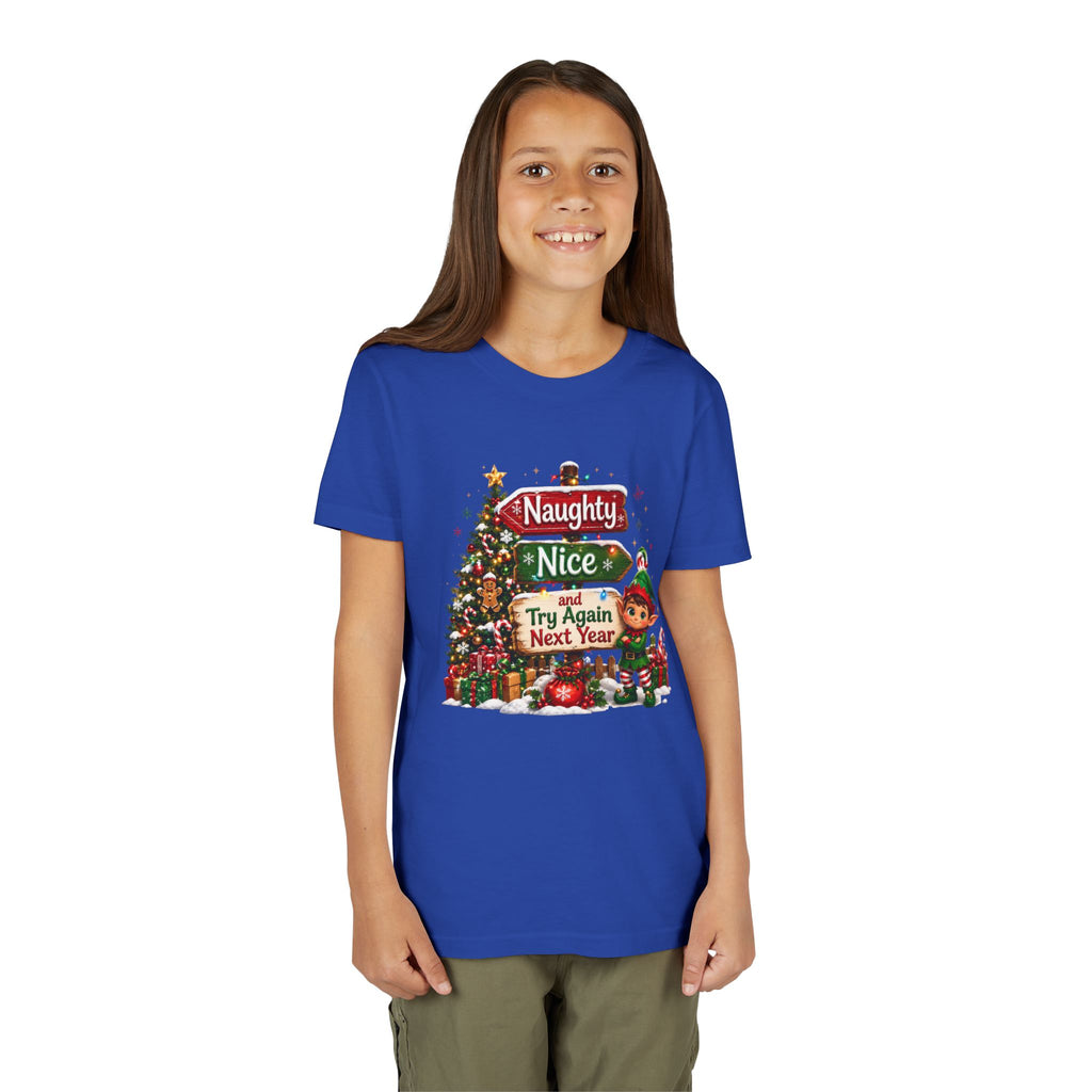Naughty Nice Try Again Next Year Kids Shirt – Funny Elf Christmas Tee | Holiday Gift for Kids
