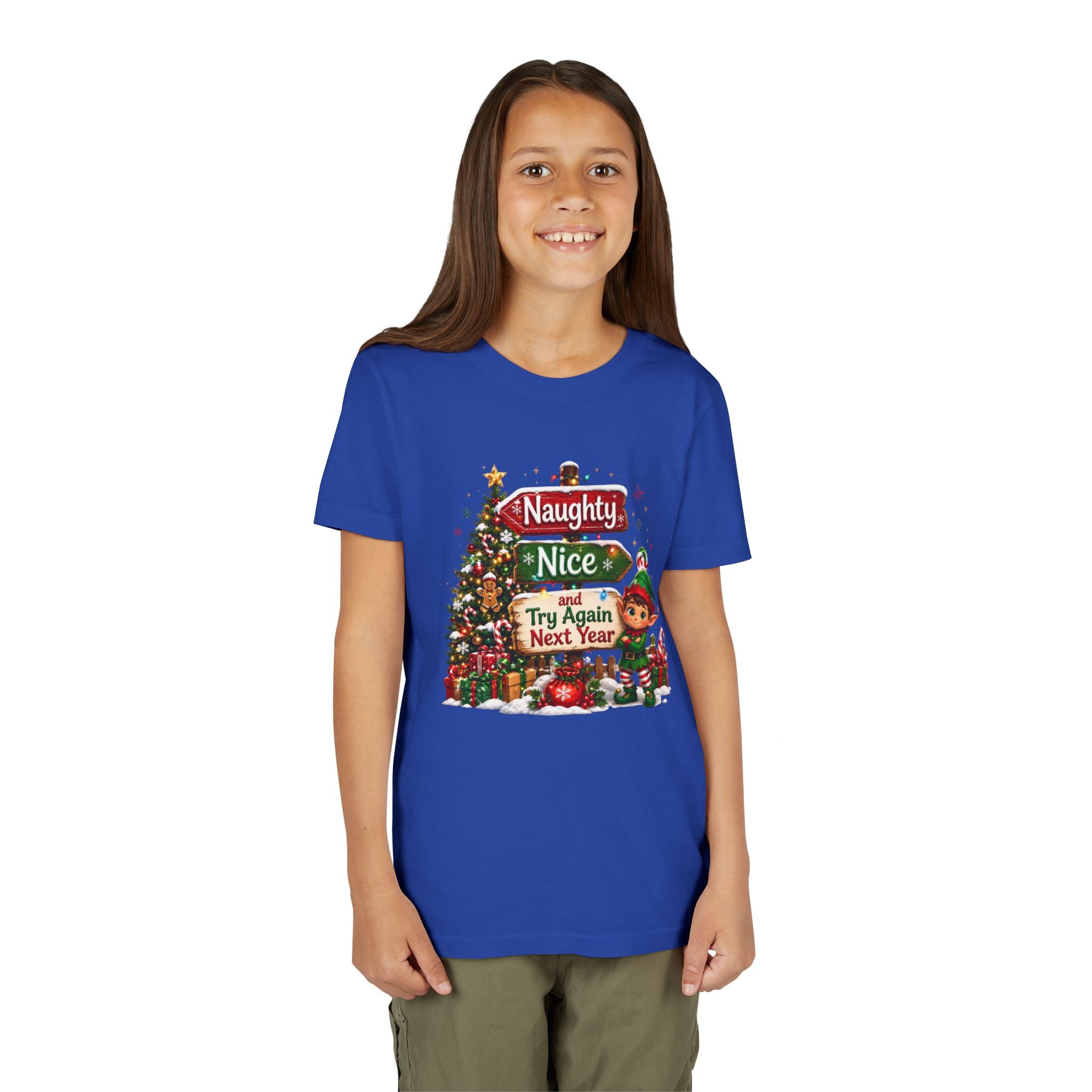 Naughty Nice Try Again Next Year Kids Shirt – Funny Elf Christmas Tee | Holiday Gift for Kids