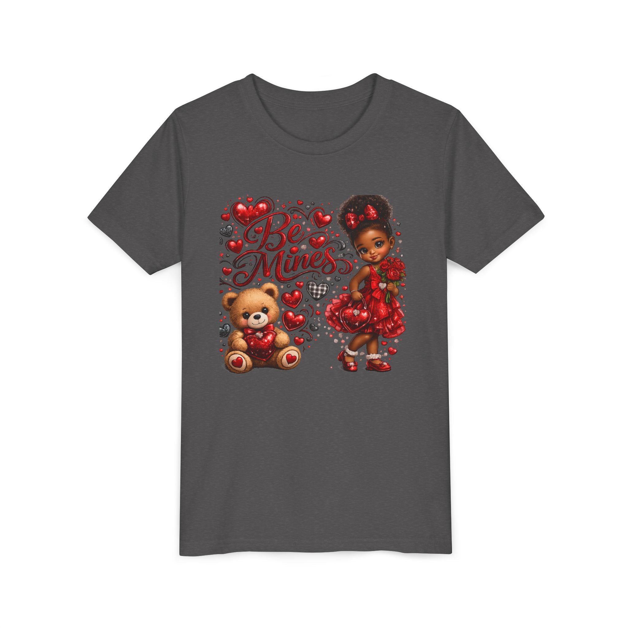 Be Mine Valentine's Day Youth T-Shirt – Cute Black Girl Teddy Bear Tee