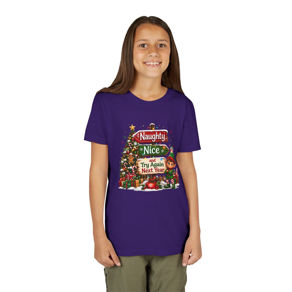 Naughty Nice Try Again Next Year Kids Shirt – Funny Elf Christmas Tee | Holiday Gift for Kids