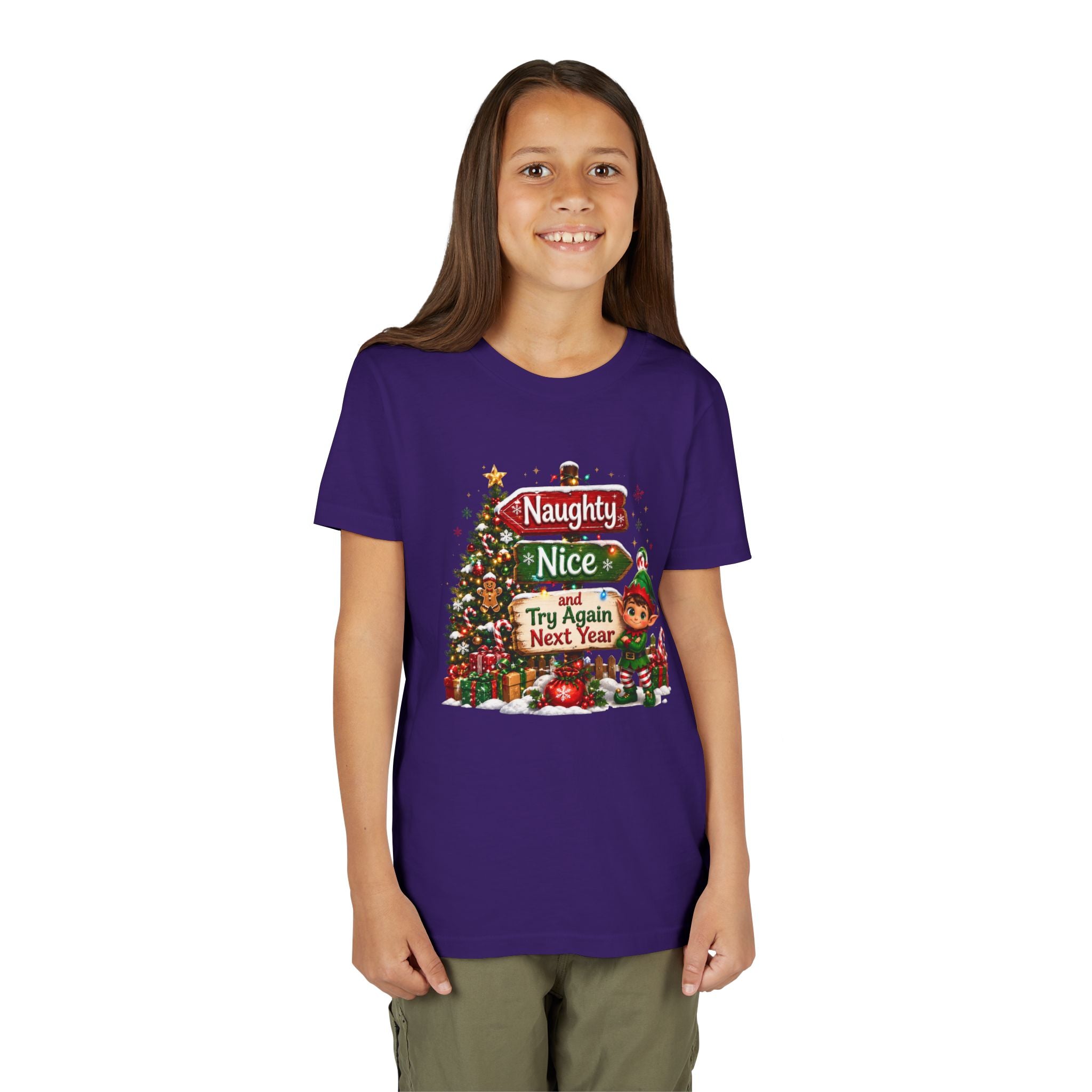 Naughty Nice Try Again Next Year Kids Shirt – Funny Elf Christmas Tee | Holiday Gift for Kids