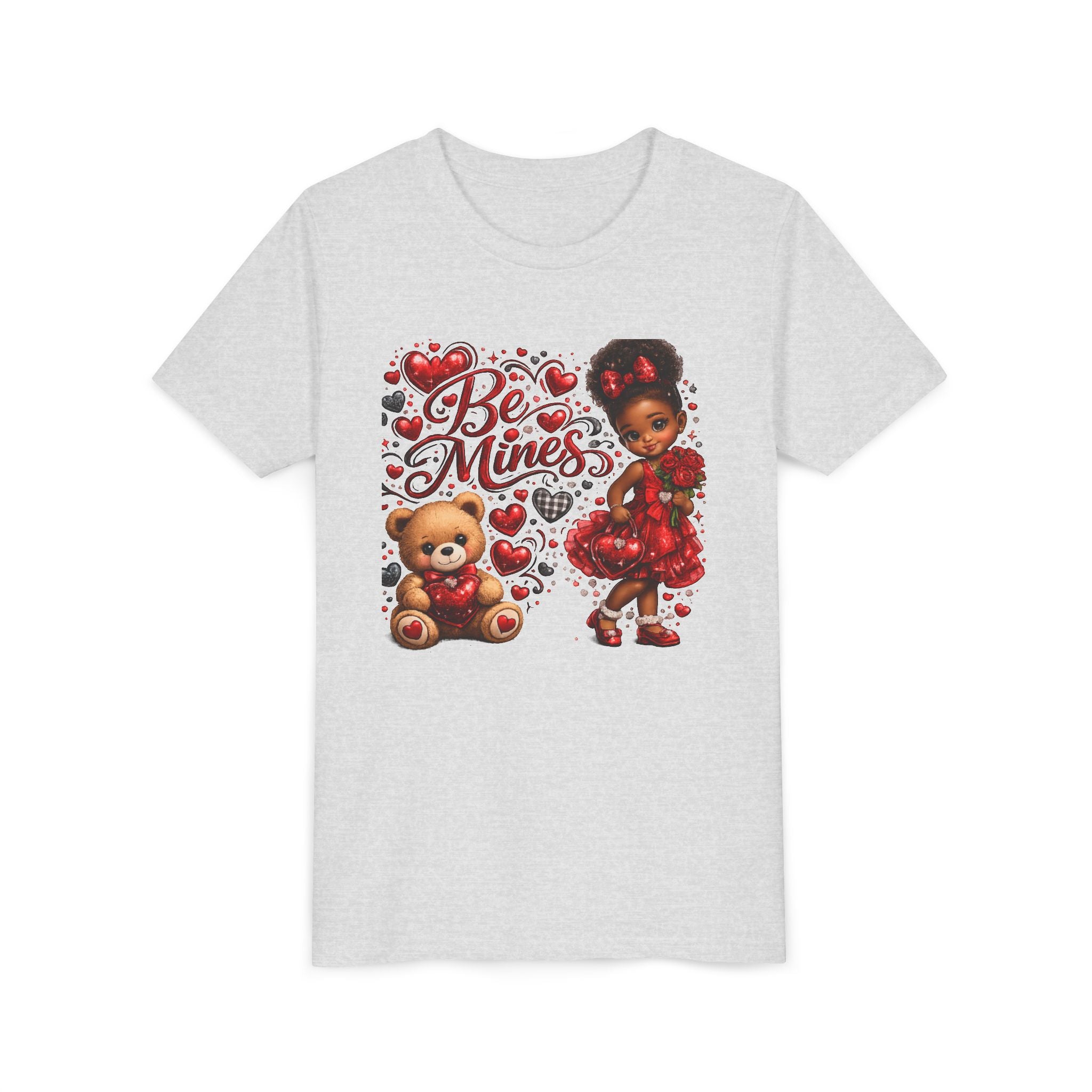 Be Mine Valentine's Day Youth T-Shirt – Cute Black Girl Teddy Bear Tee