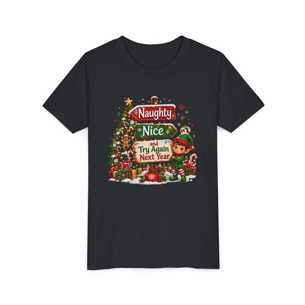 Naughty Nice Try Again Next Year Kids Shirt – Funny Elf Christmas Tee | Holiday Gift for Kids