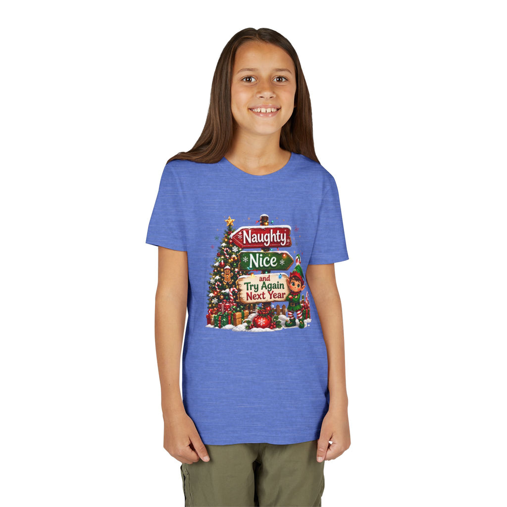 Naughty Nice Try Again Next Year Kids Shirt – Funny Elf Christmas Tee | Holiday Gift for Kids