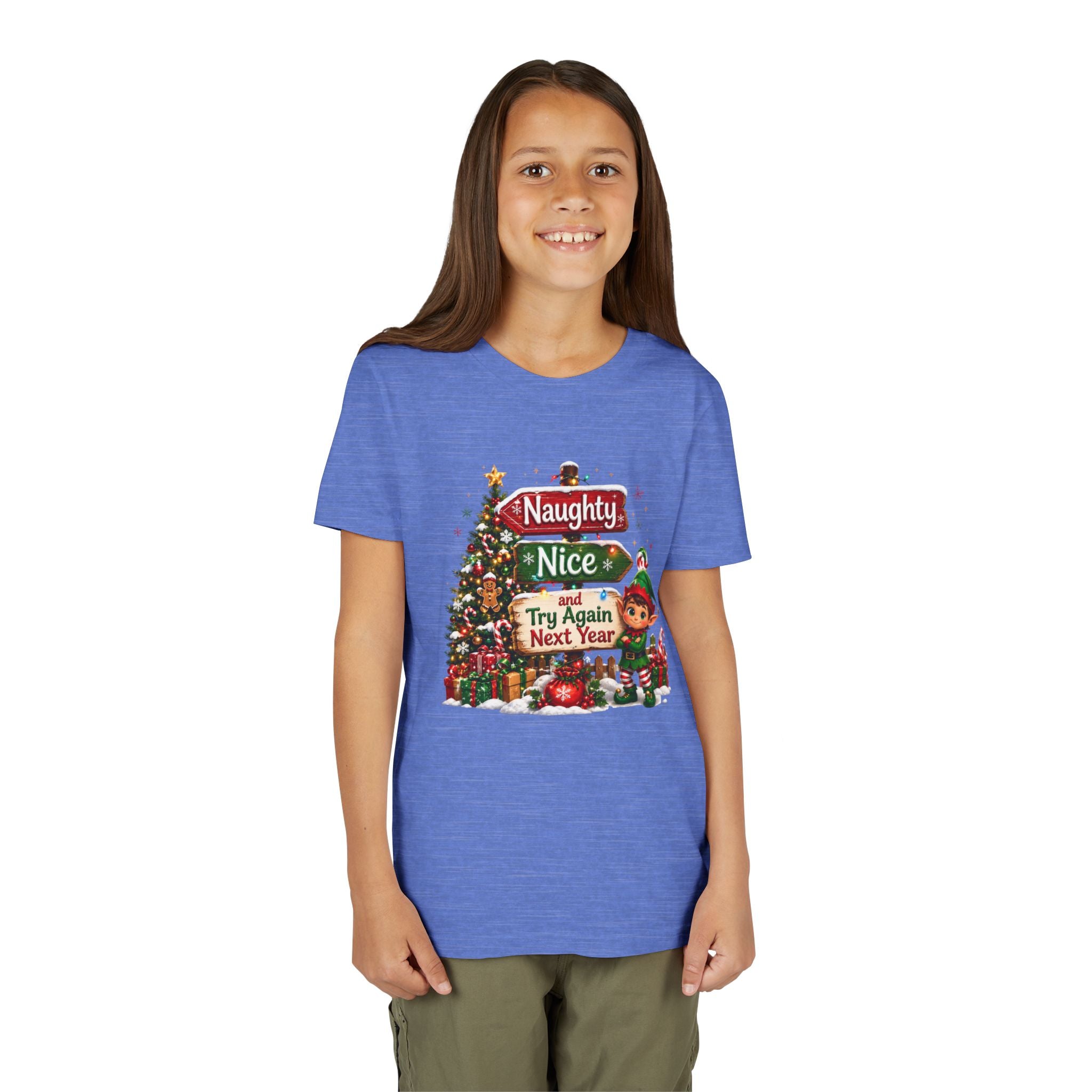 Naughty Nice Try Again Next Year Kids Shirt – Funny Elf Christmas Tee | Holiday Gift for Kids