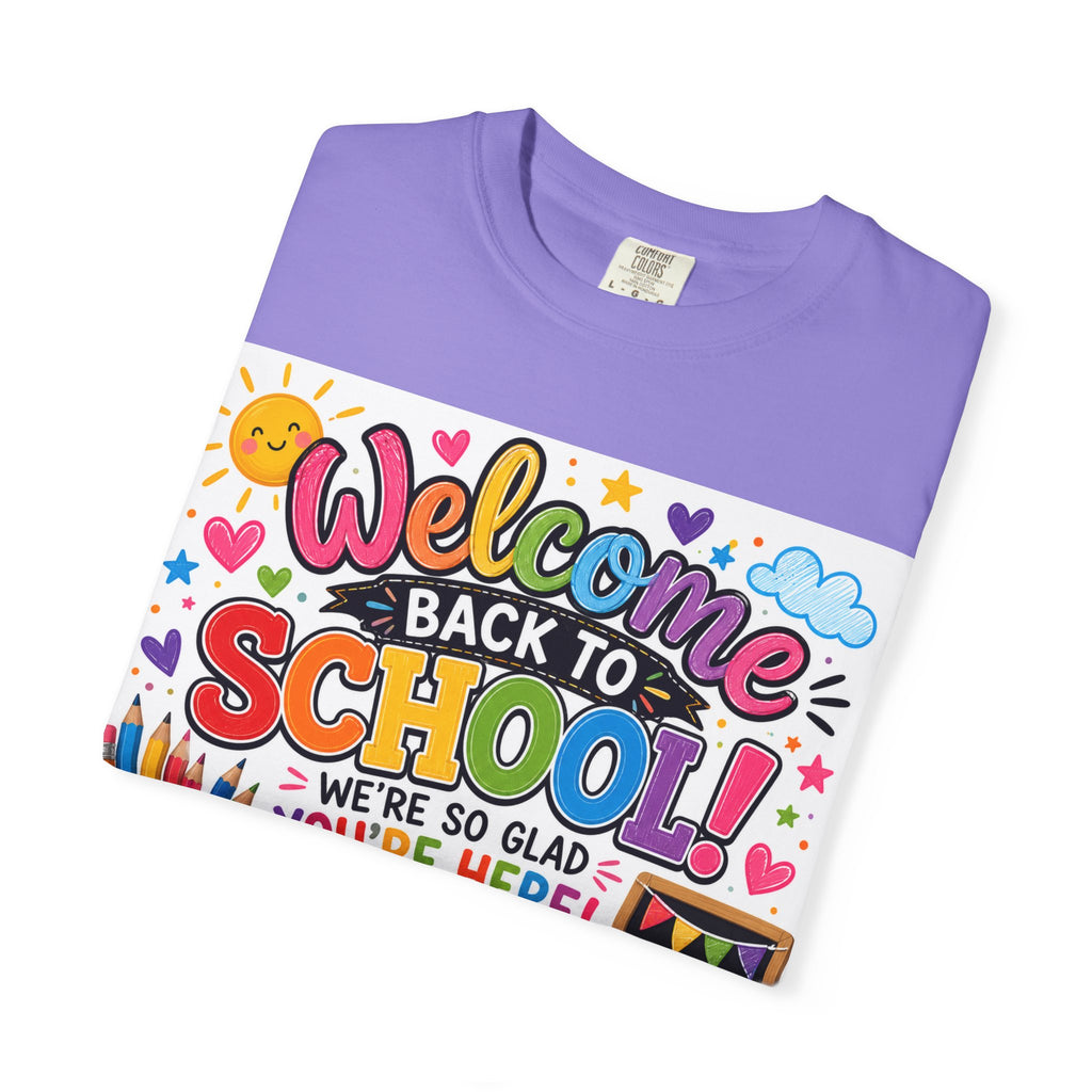 Welcome Back to School T-Shirt — Kindergarten Team Teacher Shirt (We’re So Glad You’re Here)