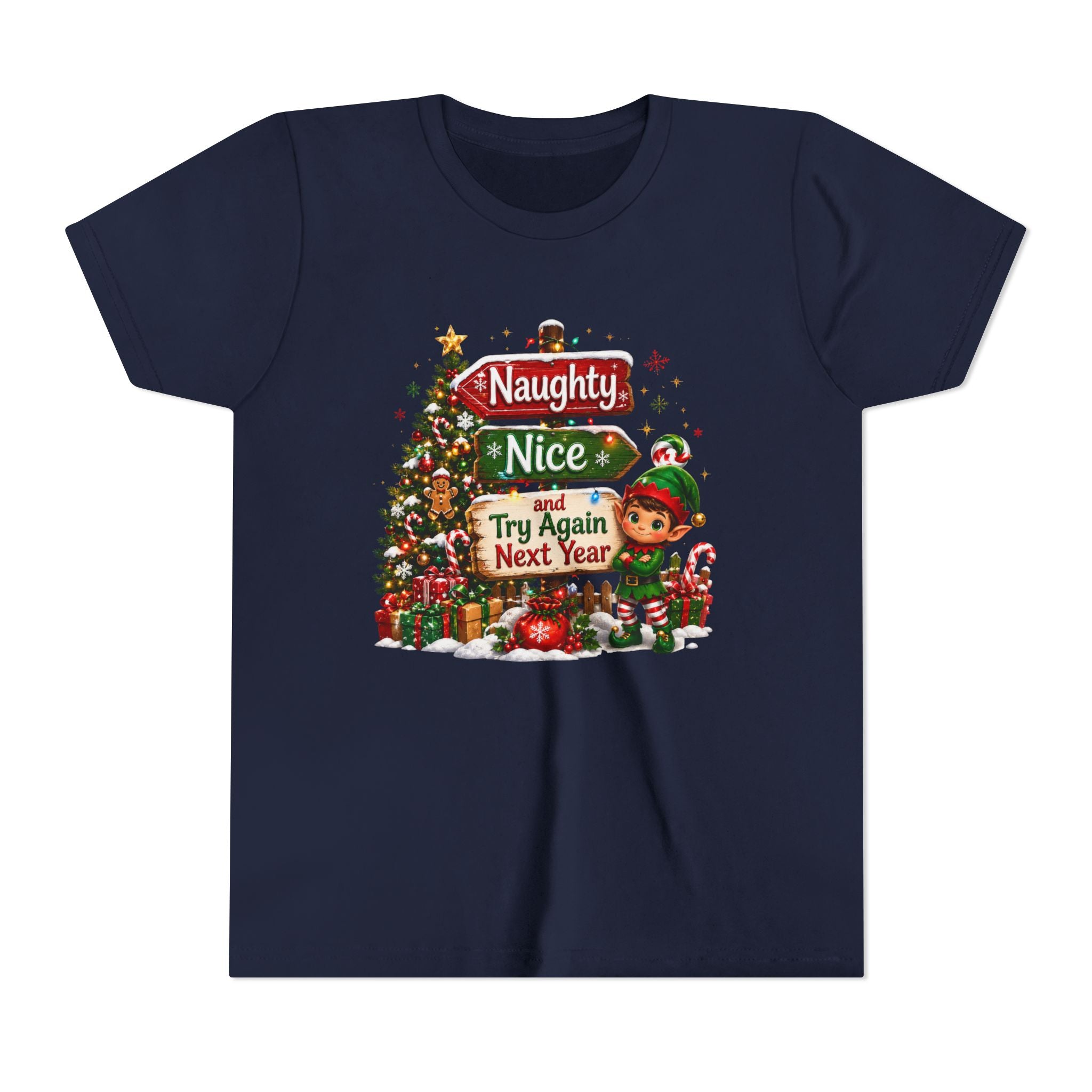 Naughty Nice Try Again Next Year Kids Shirt – Funny Elf Christmas Tee | Holiday Gift for Kids