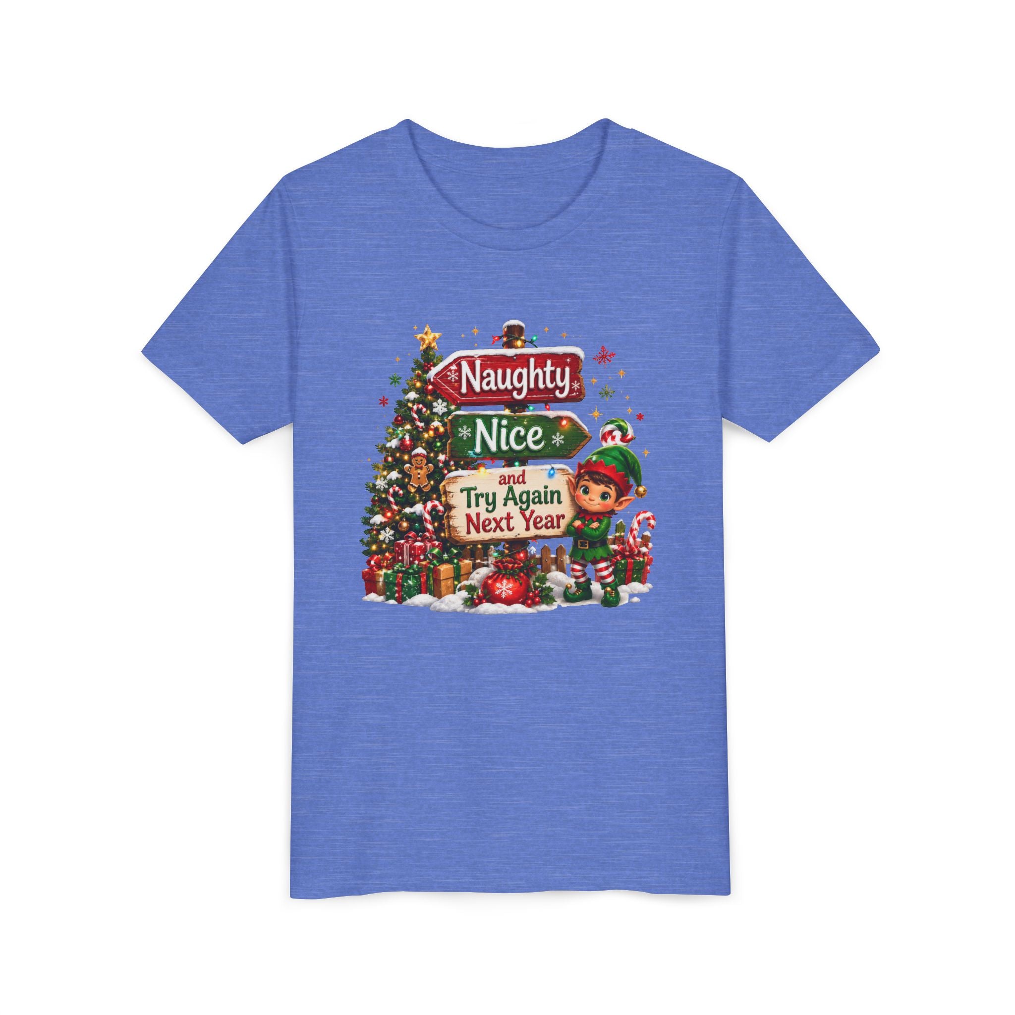 Naughty Nice Try Again Next Year Kids Shirt – Funny Elf Christmas Tee | Holiday Gift for Kids