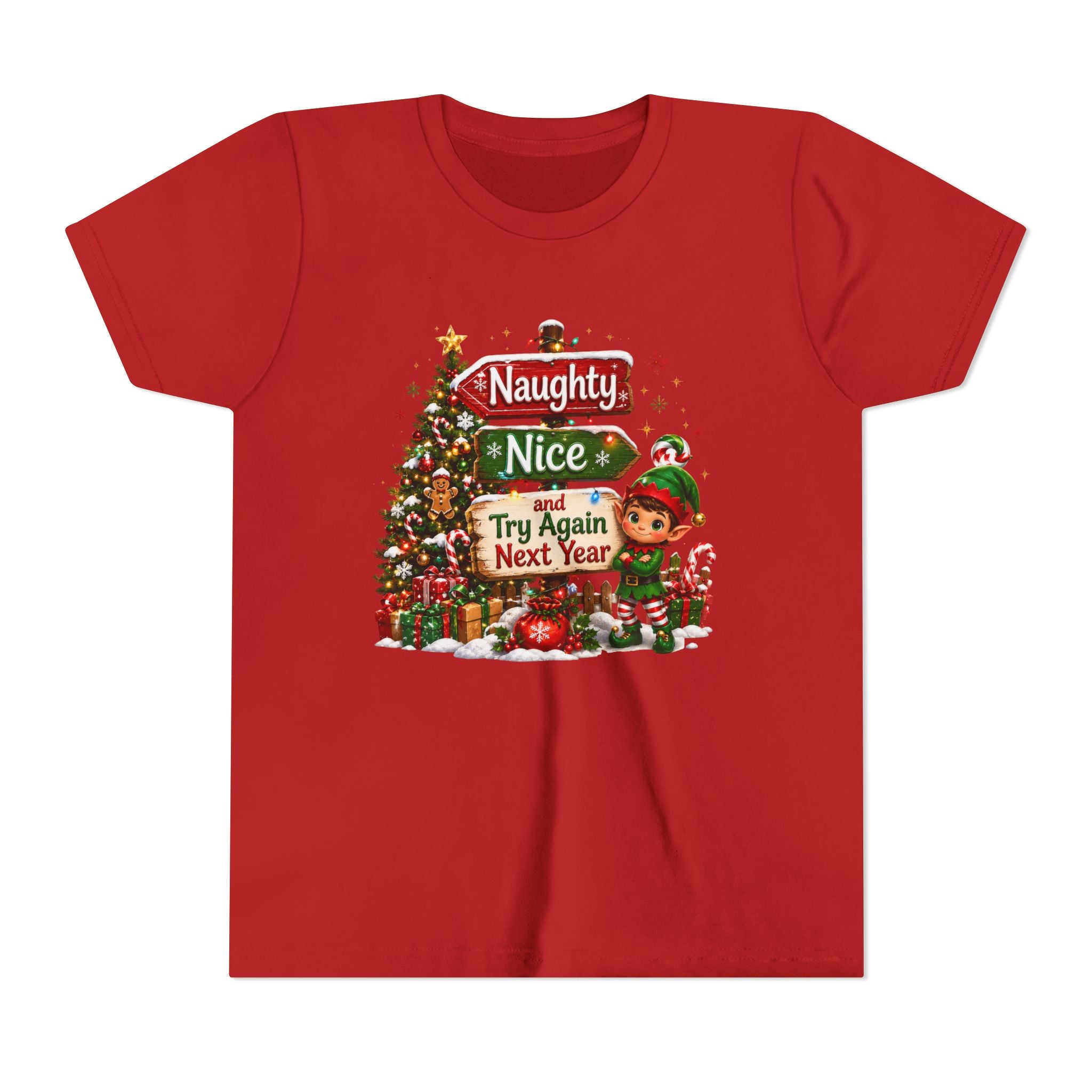 Naughty Nice Try Again Next Year Kids Shirt – Funny Elf Christmas Tee | Holiday Gift for Kids
