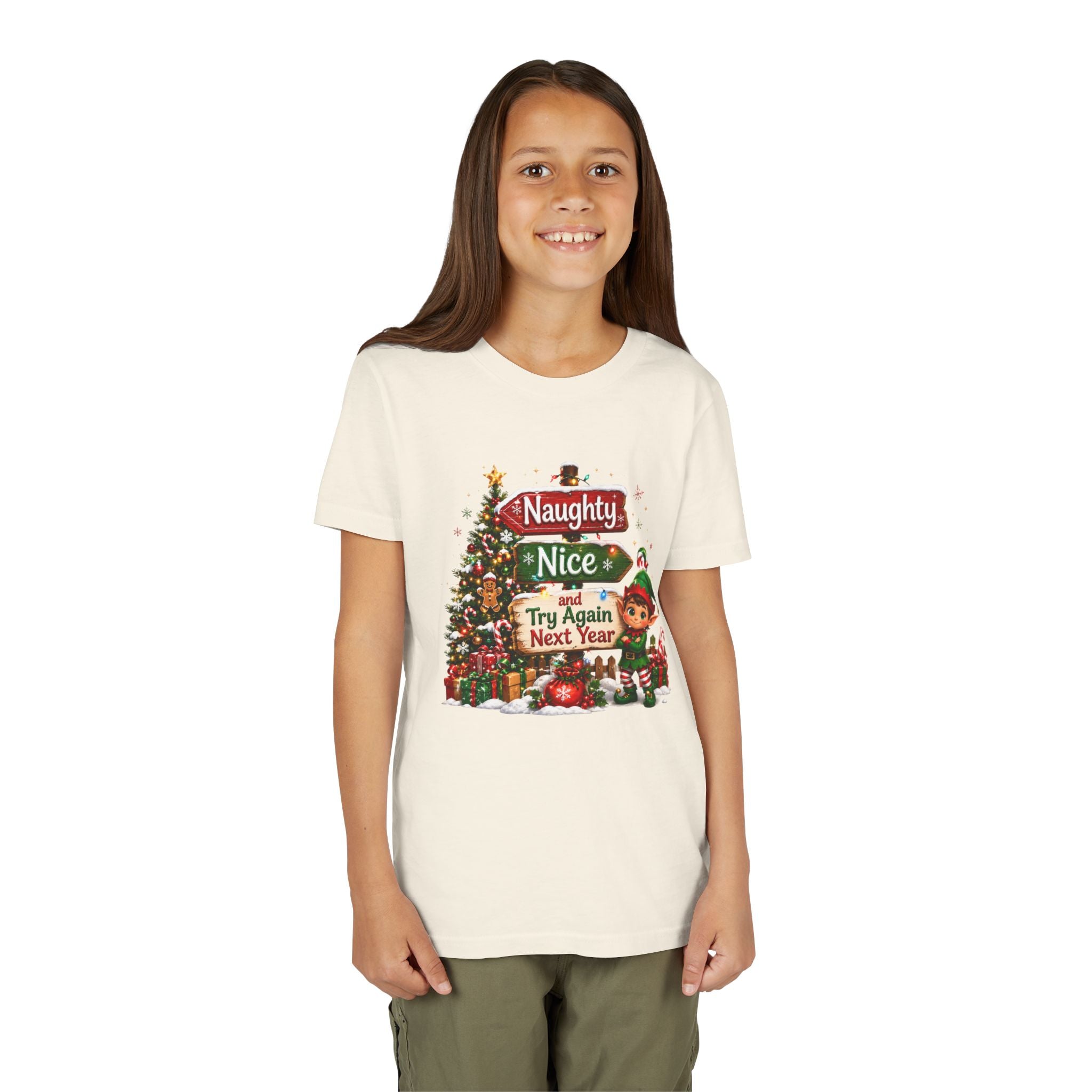 Naughty Nice Try Again Next Year Kids Shirt – Funny Elf Christmas Tee | Holiday Gift for Kids