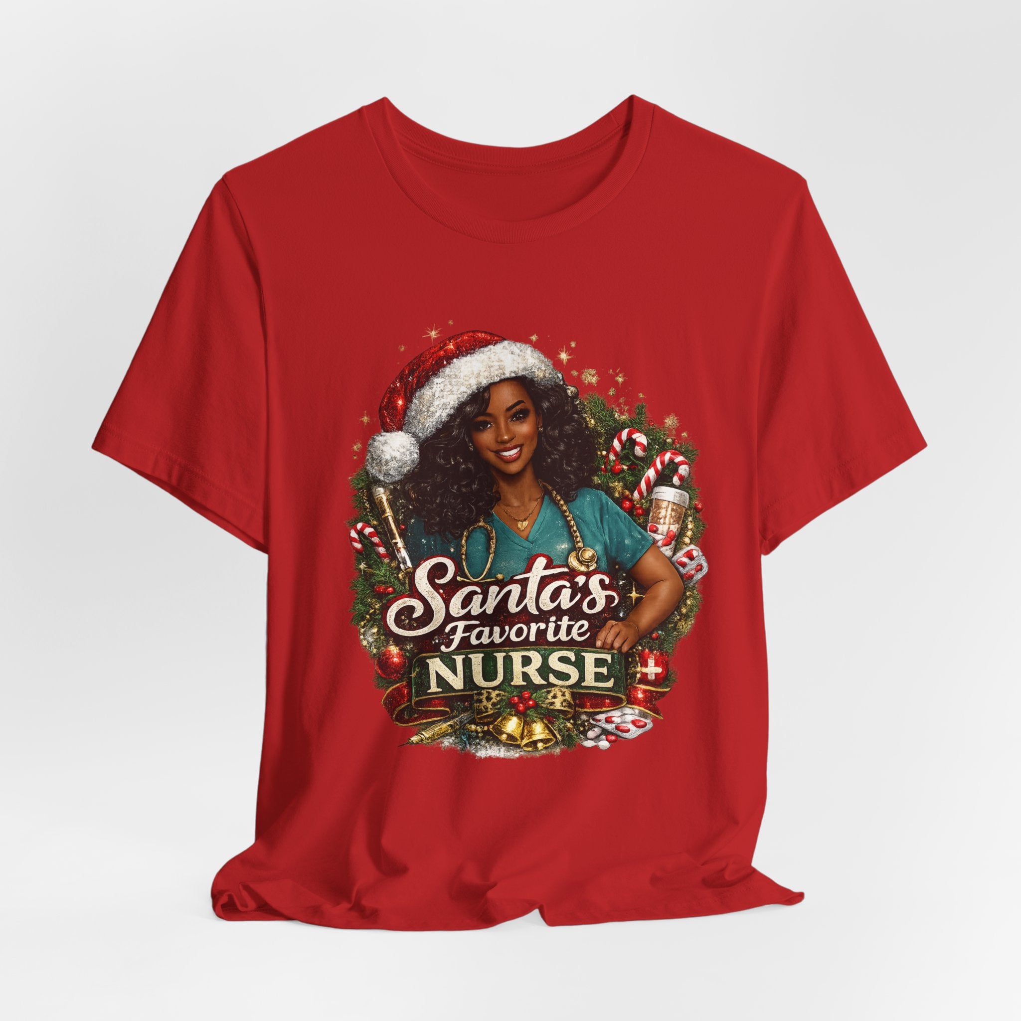 Santa's Favorite Nurse – Black Nurse Christmas T-Shirt