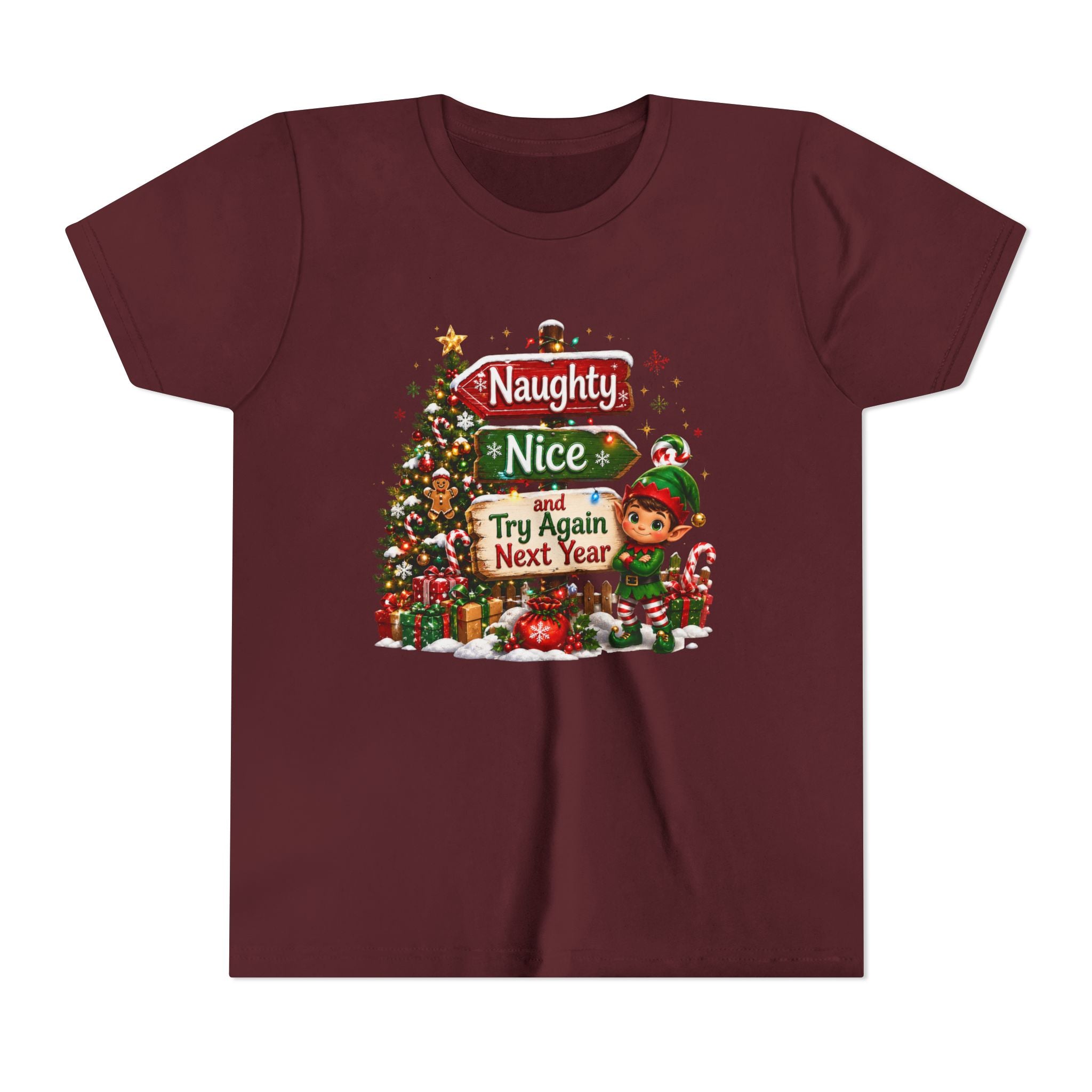 Naughty Nice Try Again Next Year Kids Shirt – Funny Elf Christmas Tee | Holiday Gift for Kids