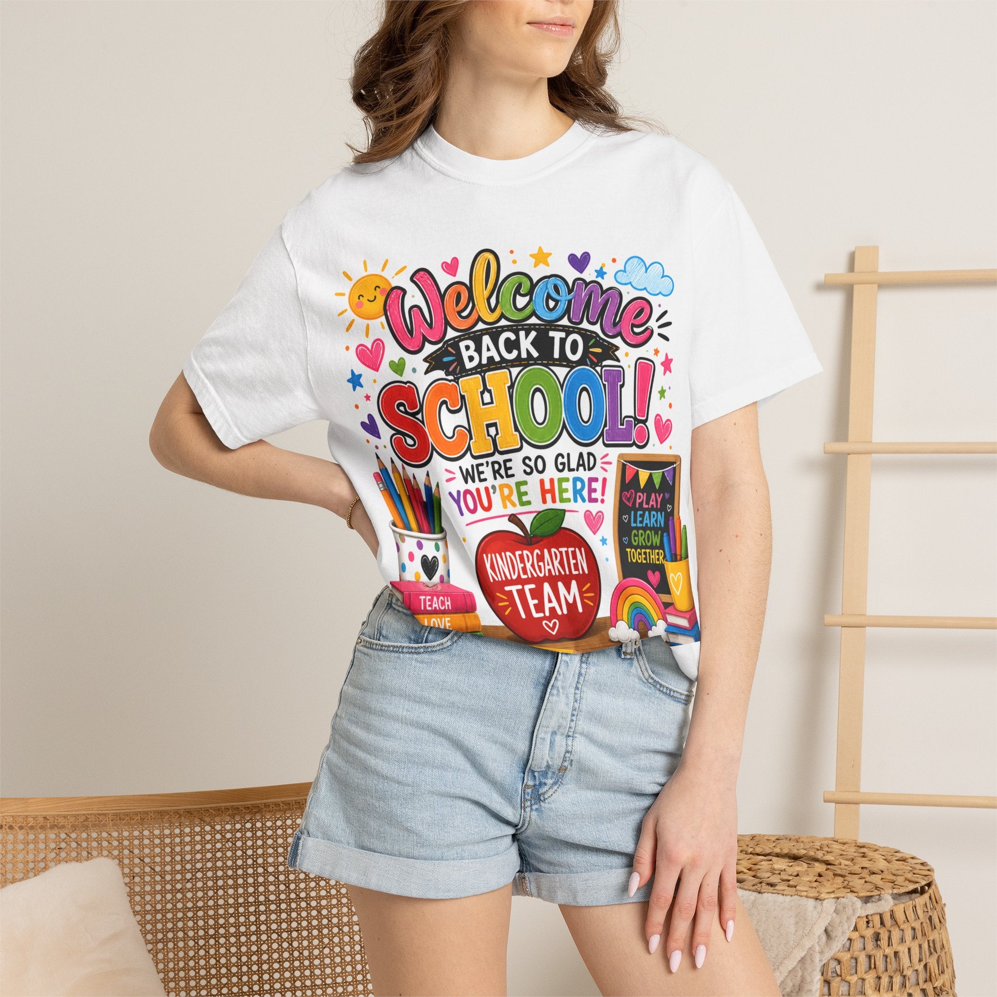 Welcome Back to School T-Shirt — Kindergarten Team Teacher Shirt (We’re So Glad You’re Here)