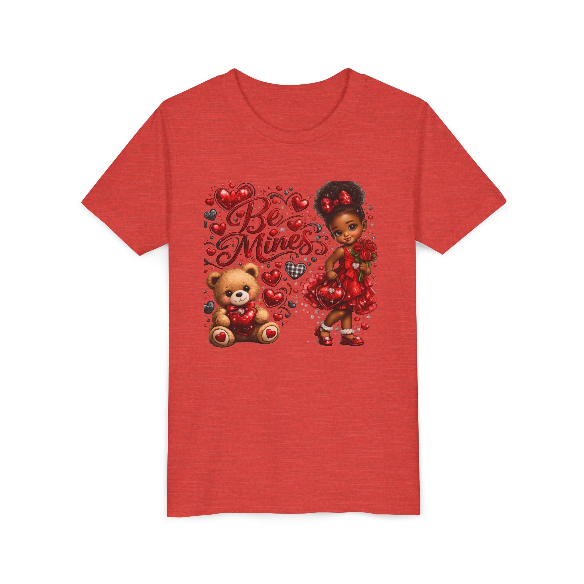 Be Mine Valentine's Day Youth T-Shirt – Cute Black Girl Teddy Bear Tee