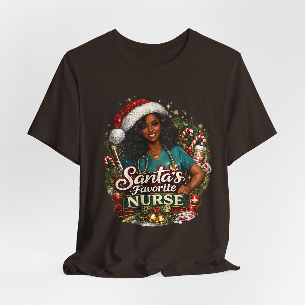 Santa's Favorite Nurse – Black Nurse Christmas T-Shirt