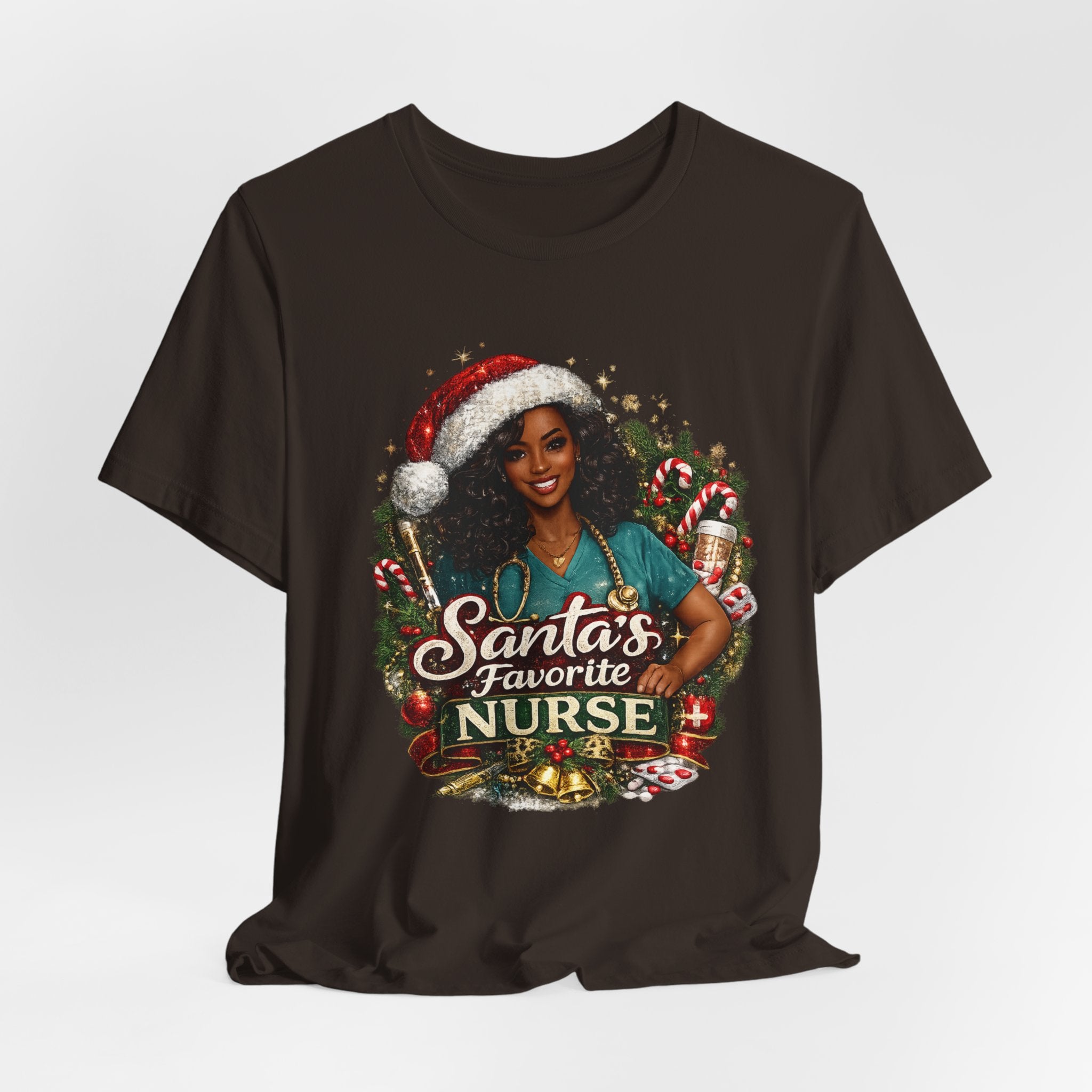Santa's Favorite Nurse – Black Nurse Christmas T-Shirt