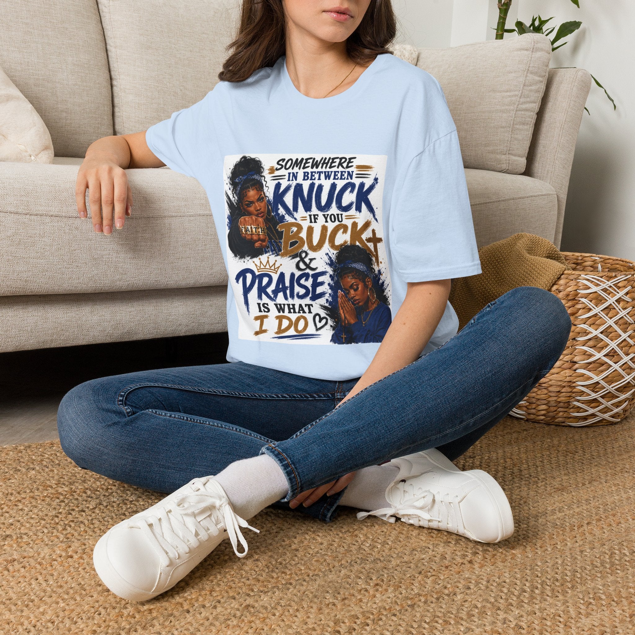 Knuck If You Buck T‑Shirt — “Somewhere In Between” Gospel‑Proud Graphic Tee