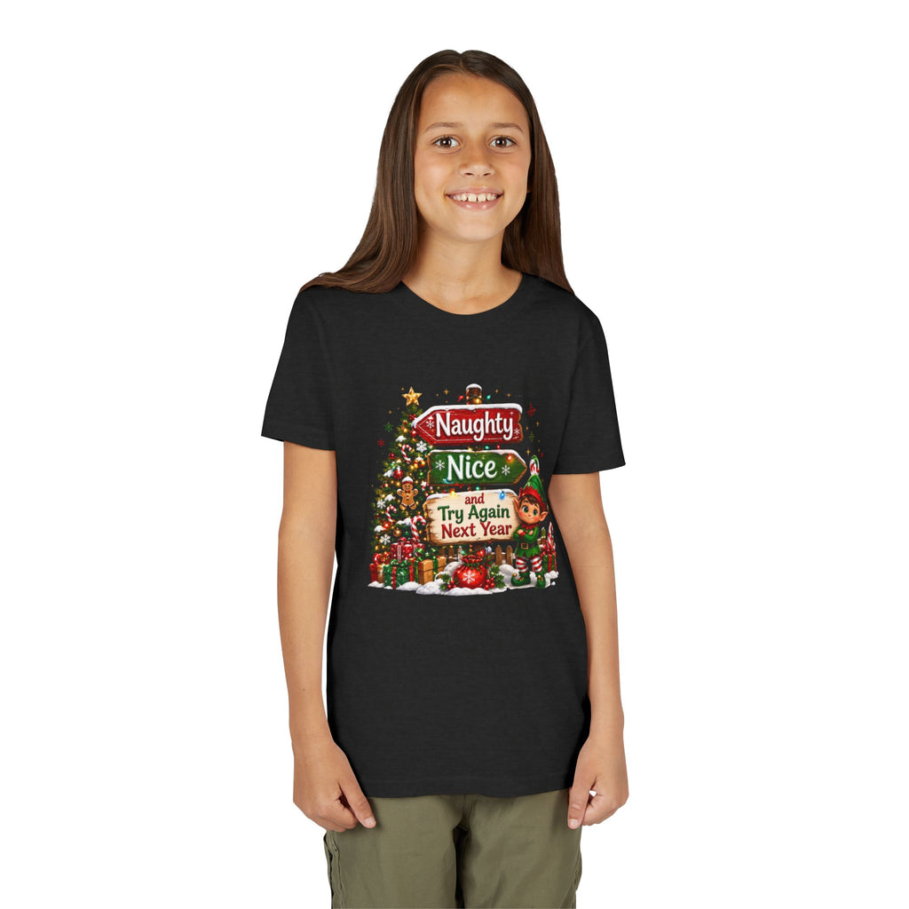 Naughty Nice Try Again Next Year Kids Shirt – Funny Elf Christmas Tee | Holiday Gift for Kids