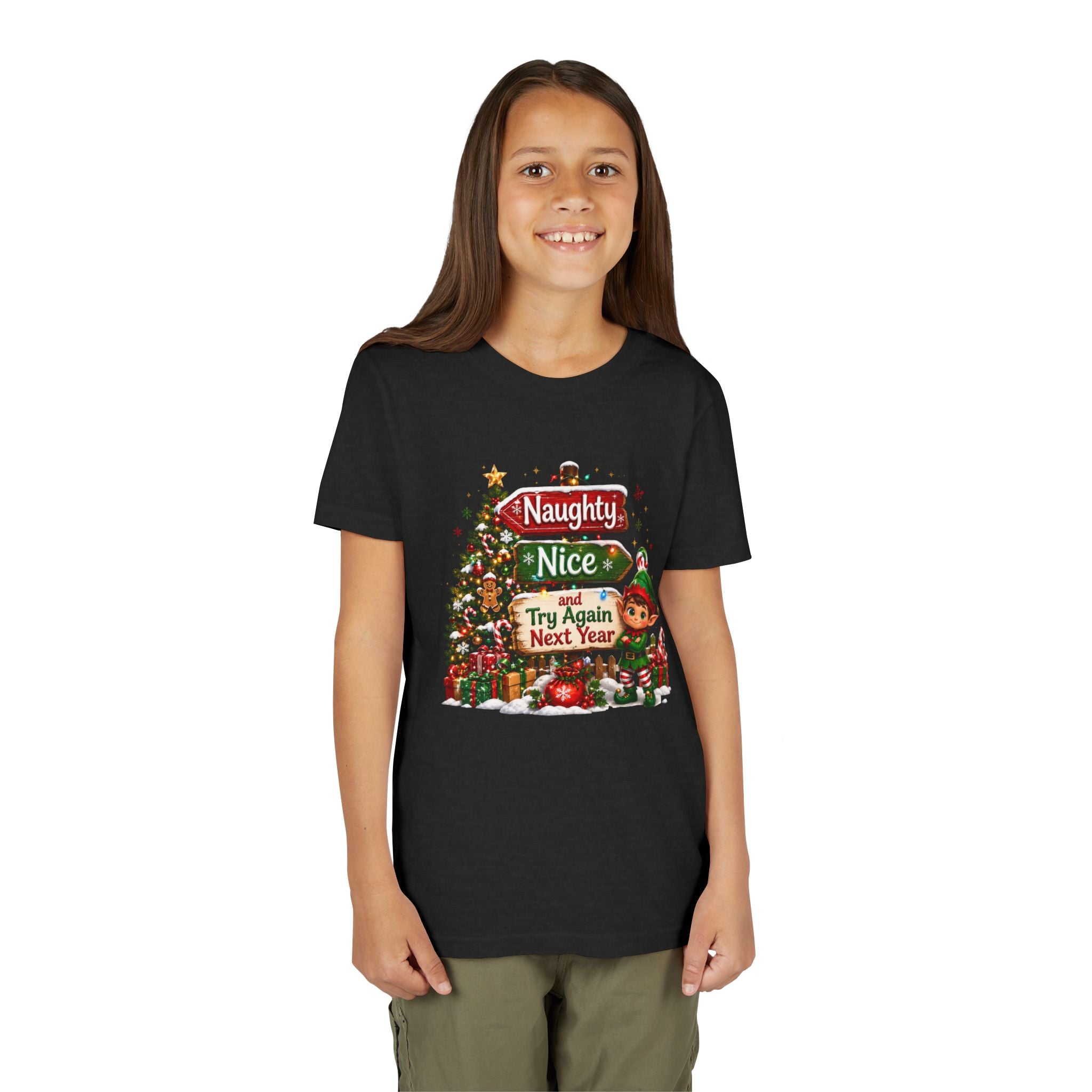 Naughty Nice Try Again Next Year Kids Shirt – Funny Elf Christmas Tee | Holiday Gift for Kids