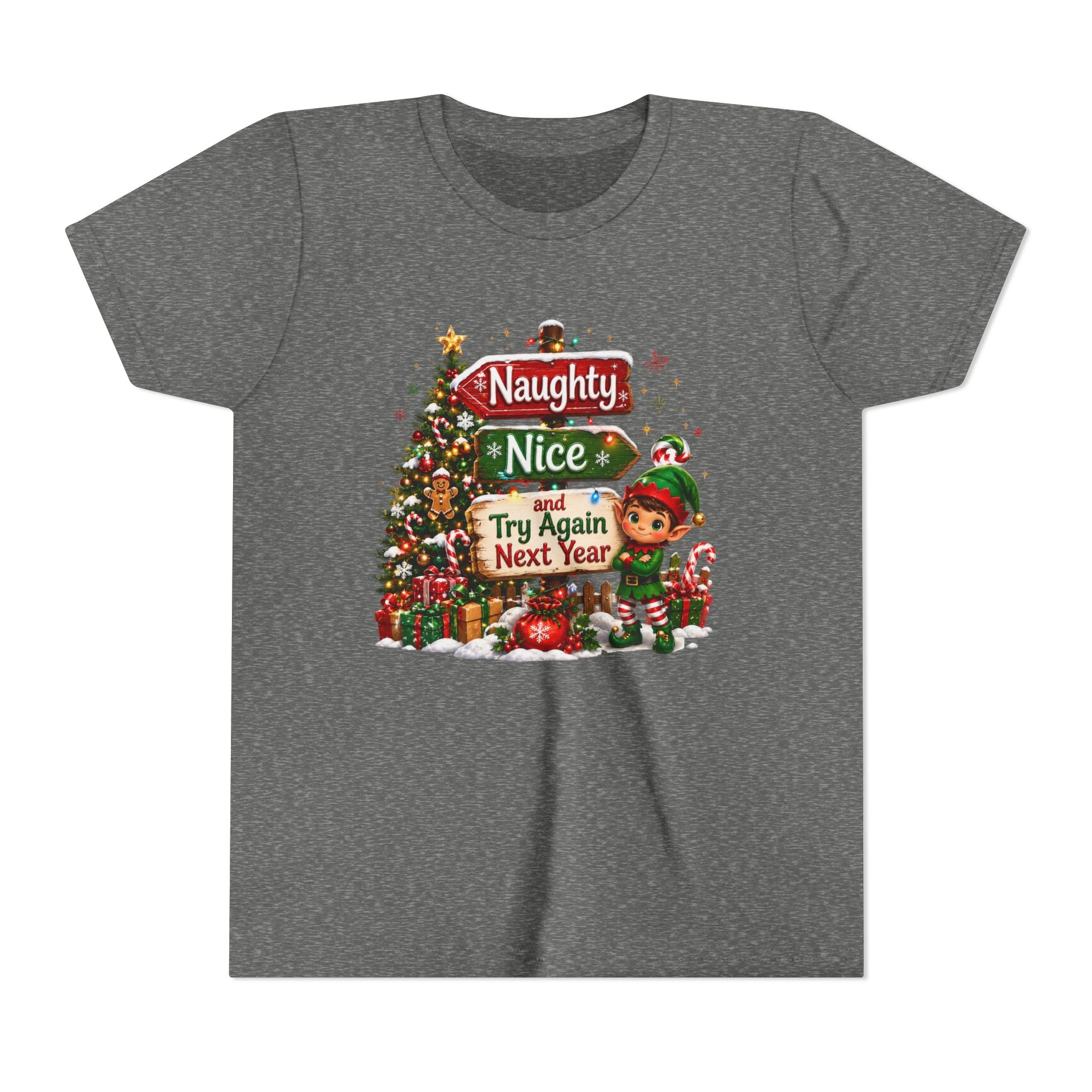 Naughty Nice Try Again Next Year Kids Shirt – Funny Elf Christmas Tee | Holiday Gift for Kids