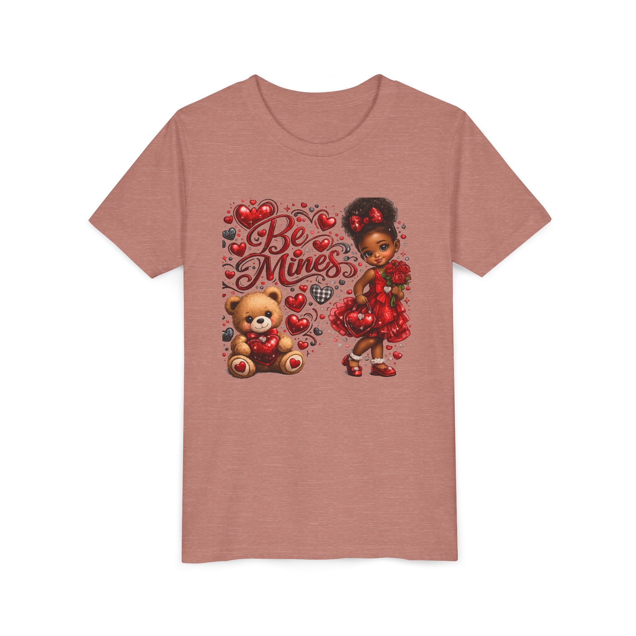 Be Mine Valentine's Day Youth T-Shirt – Cute Black Girl Teddy Bear Tee