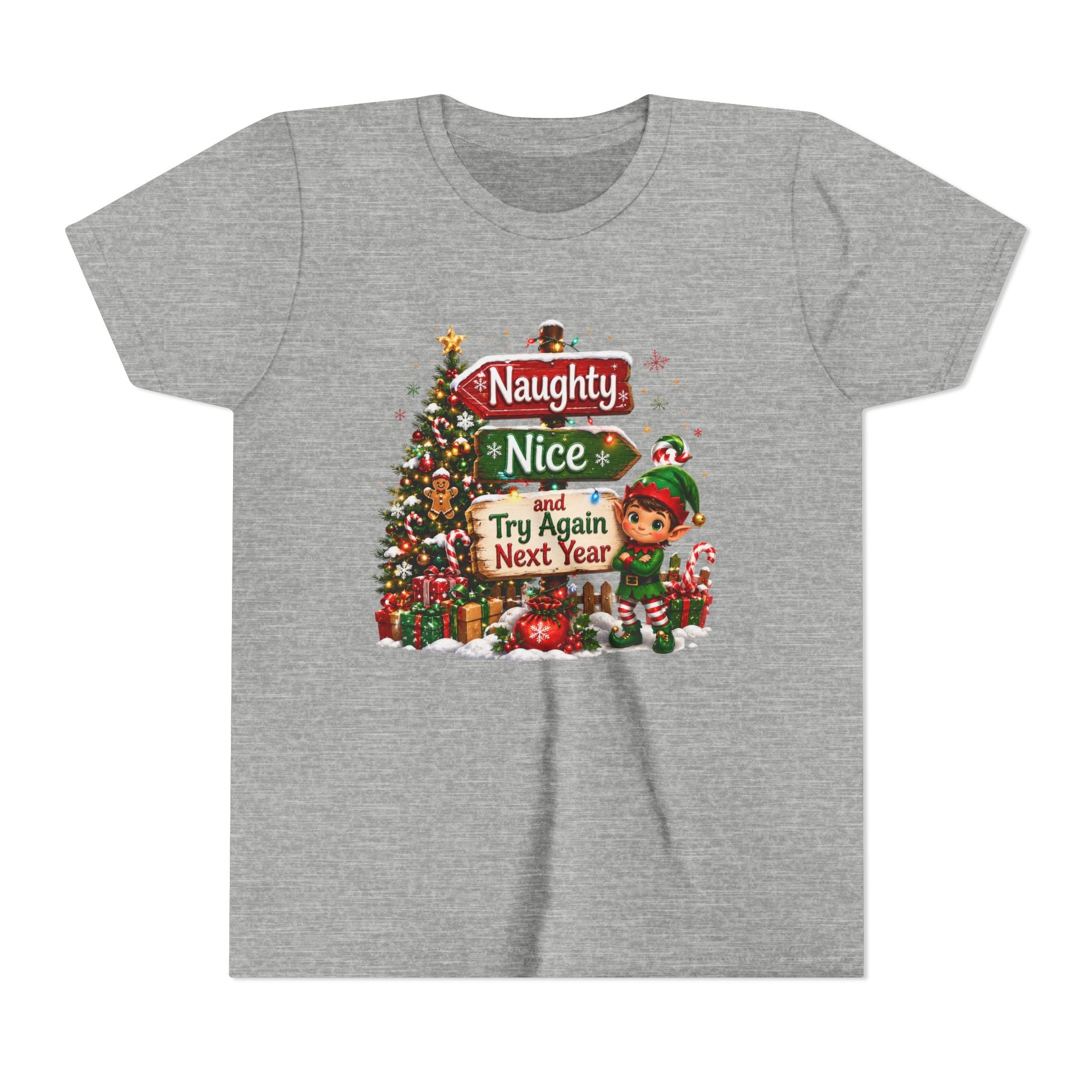Naughty Nice Try Again Next Year Kids Shirt – Funny Elf Christmas Tee | Holiday Gift for Kids