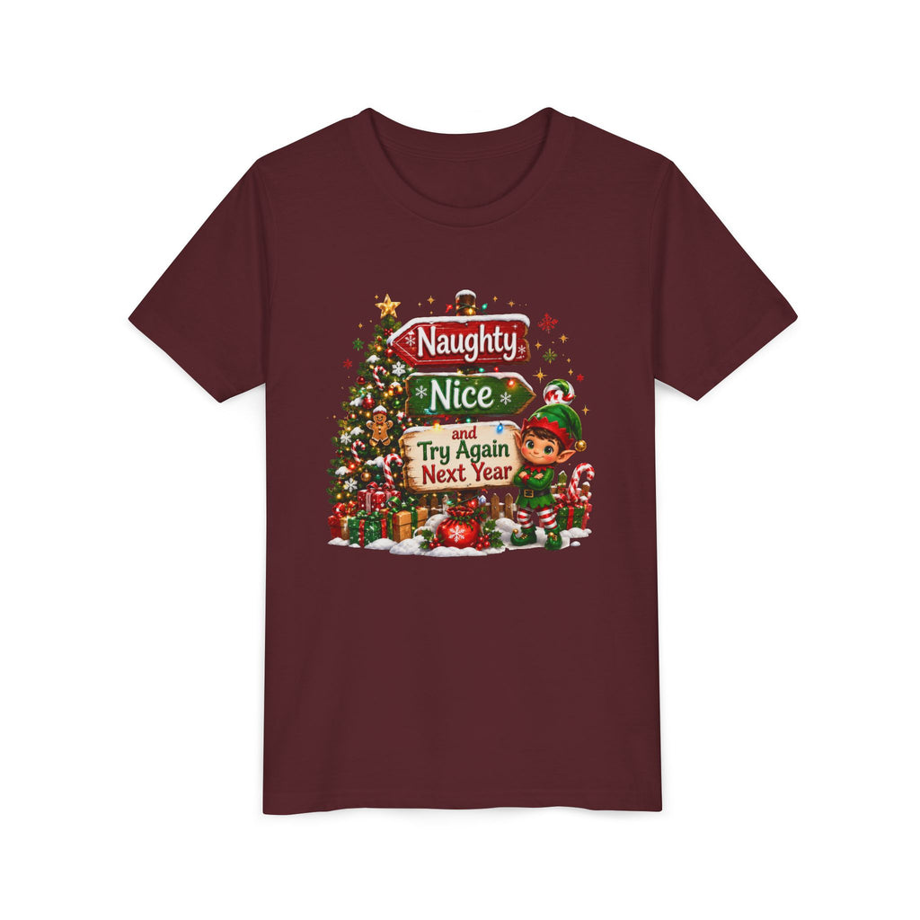 Naughty Nice Try Again Next Year Kids Shirt – Funny Elf Christmas Tee | Holiday Gift for Kids
