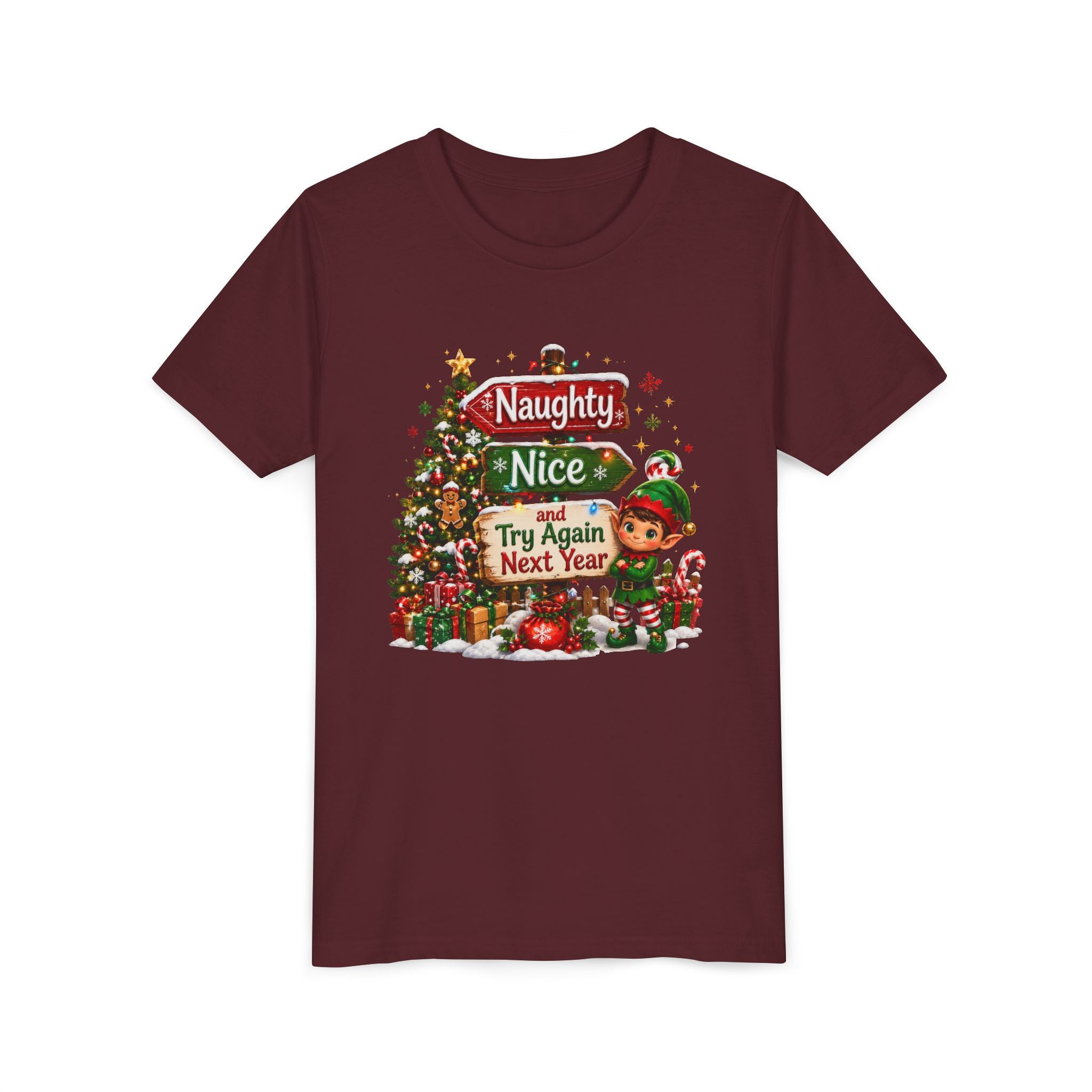 Naughty Nice Try Again Next Year Kids Shirt – Funny Elf Christmas Tee | Holiday Gift for Kids